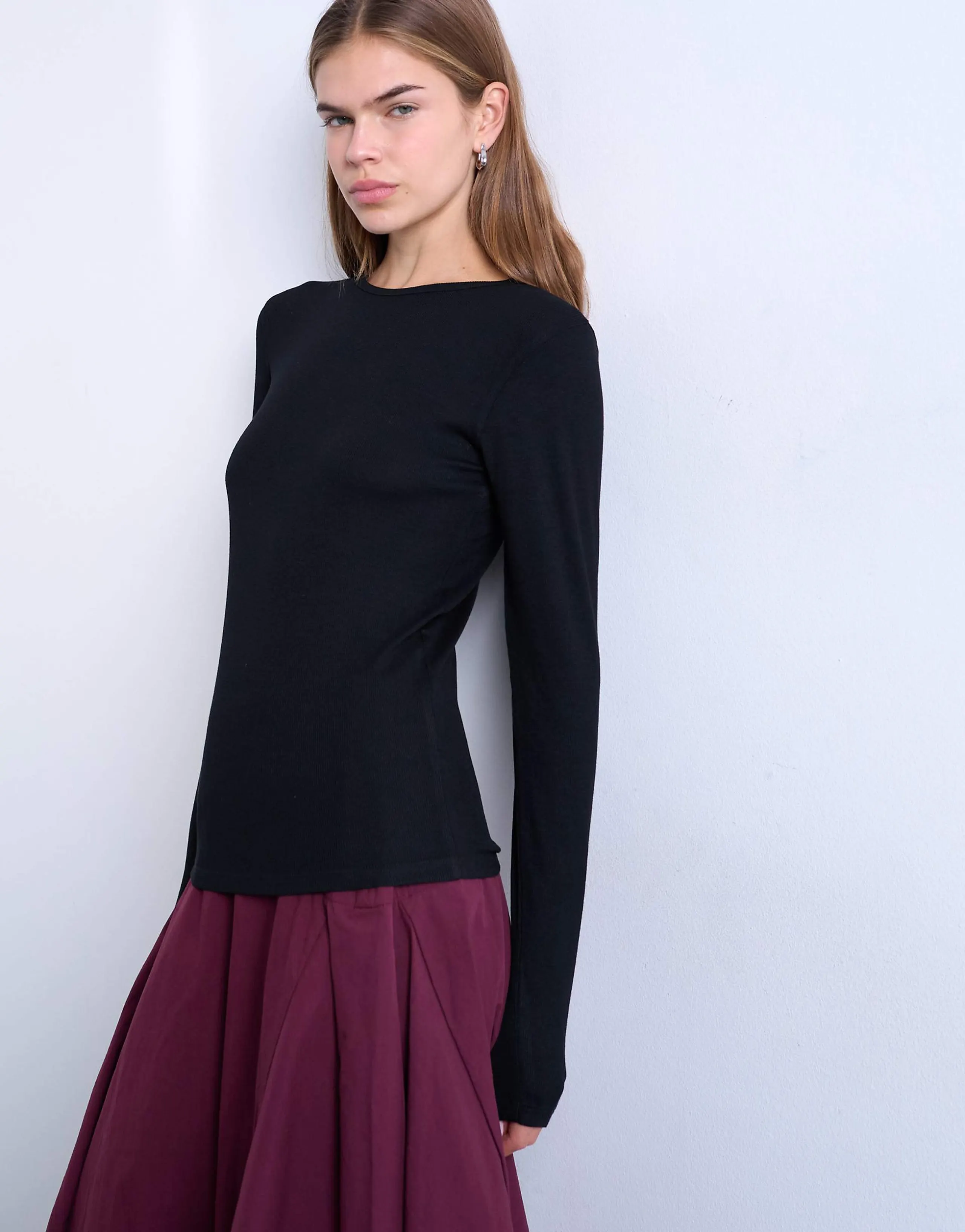 Topshop premium rib long sleeve top in black
