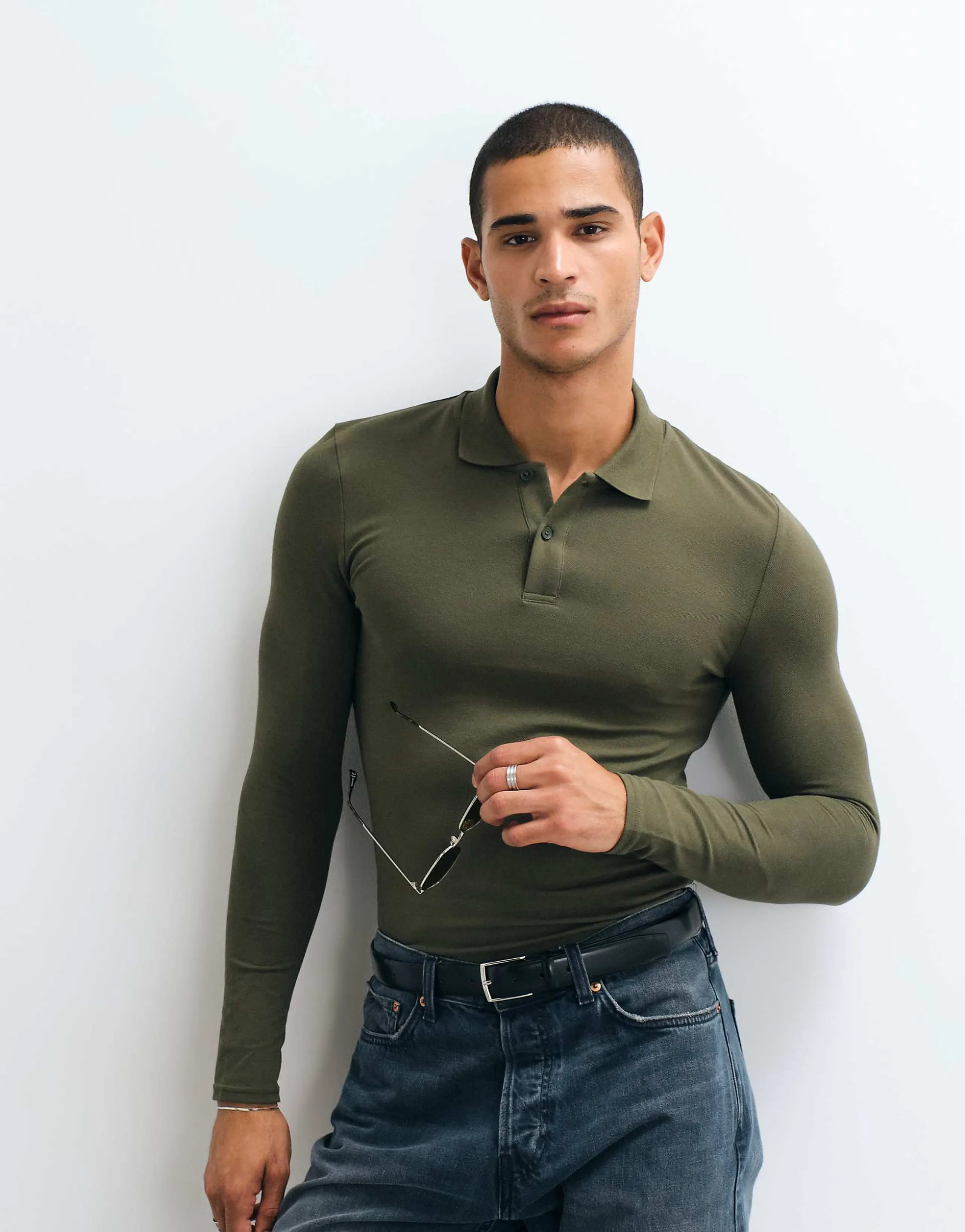 ASOS DESIGN Essentials long sleeve muscle fit polo in khaki pique