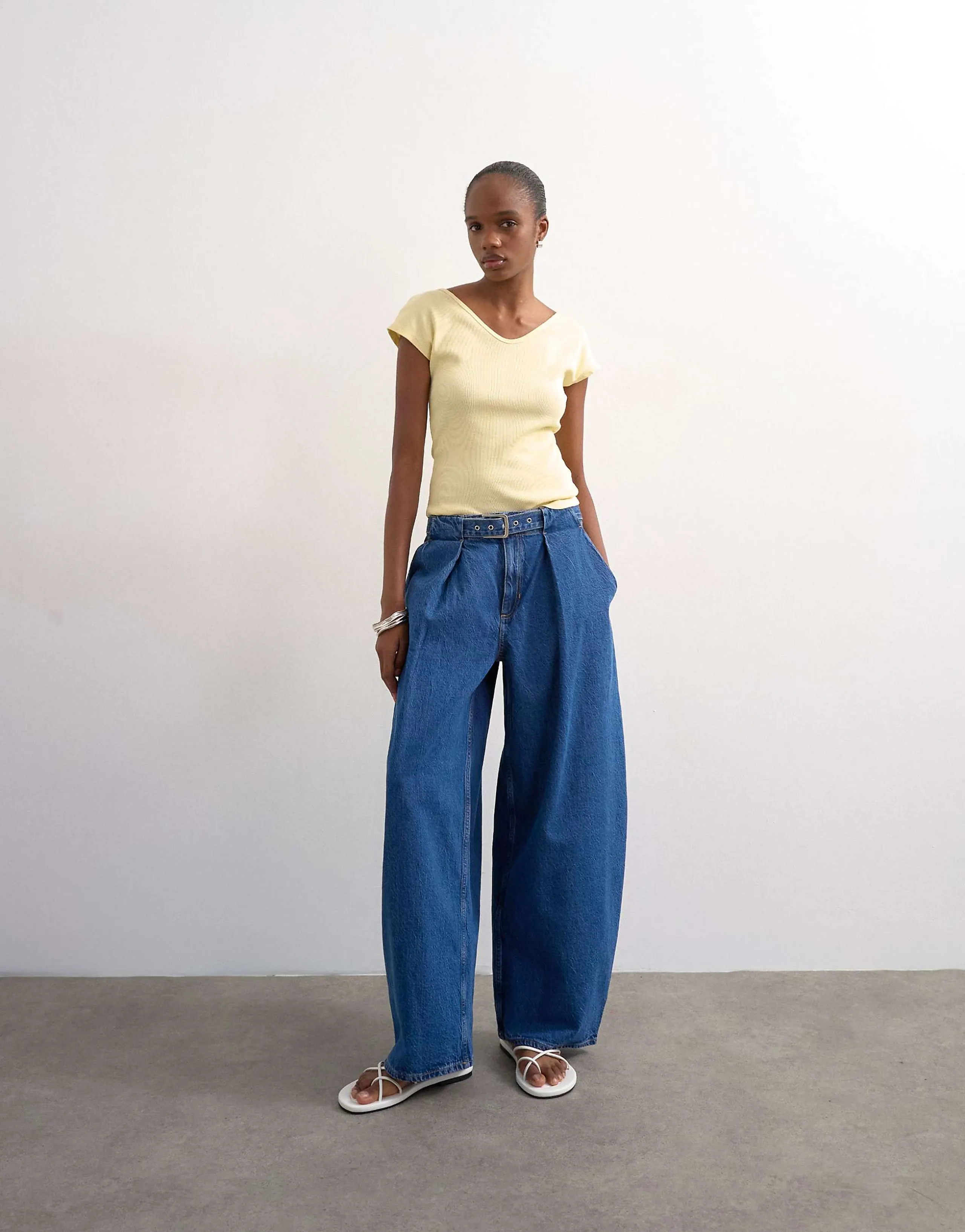Topshop mid rise oversized belted barrel leg jeans in rich indigo