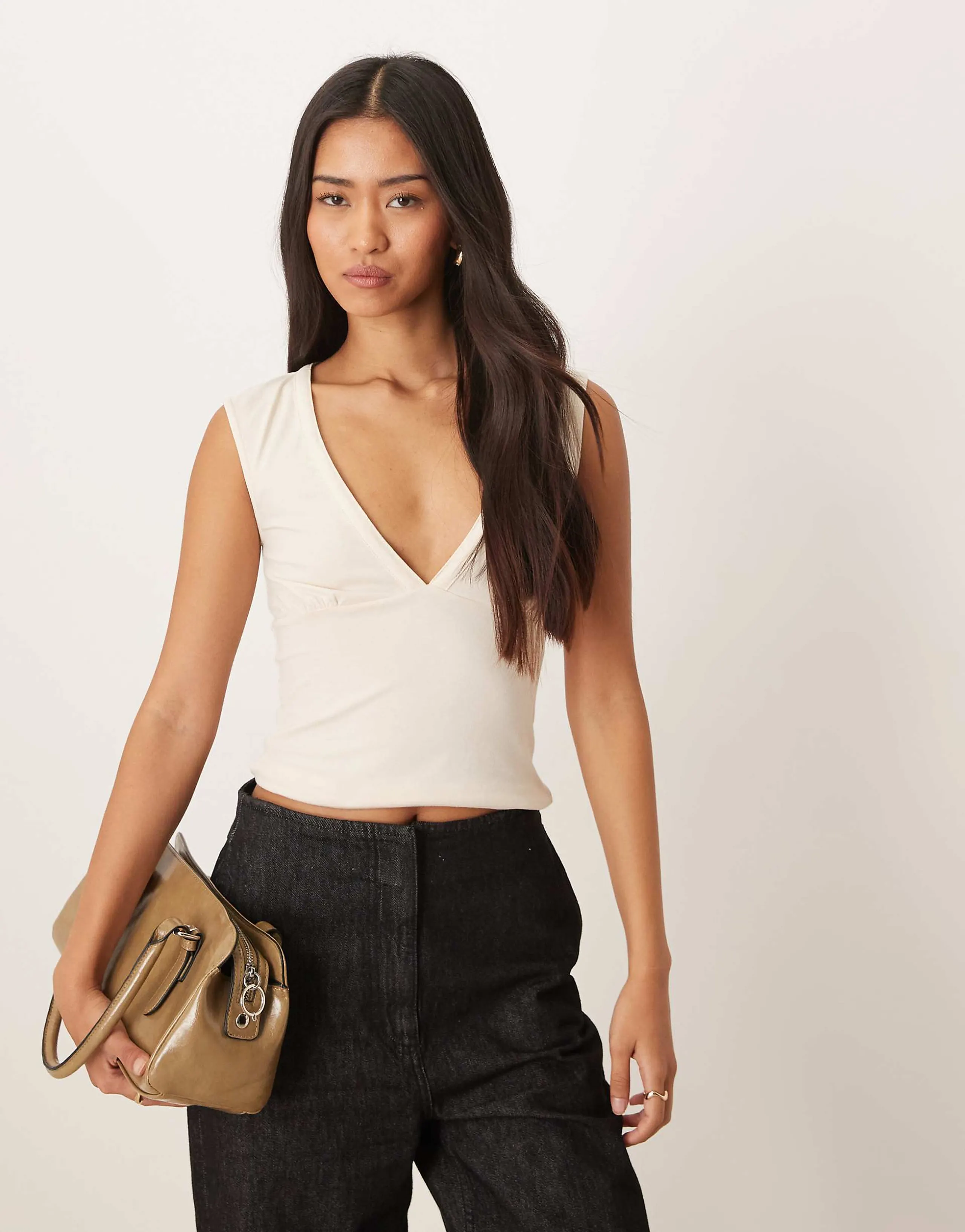Motel Emberly short sleeve plunge top in ivory