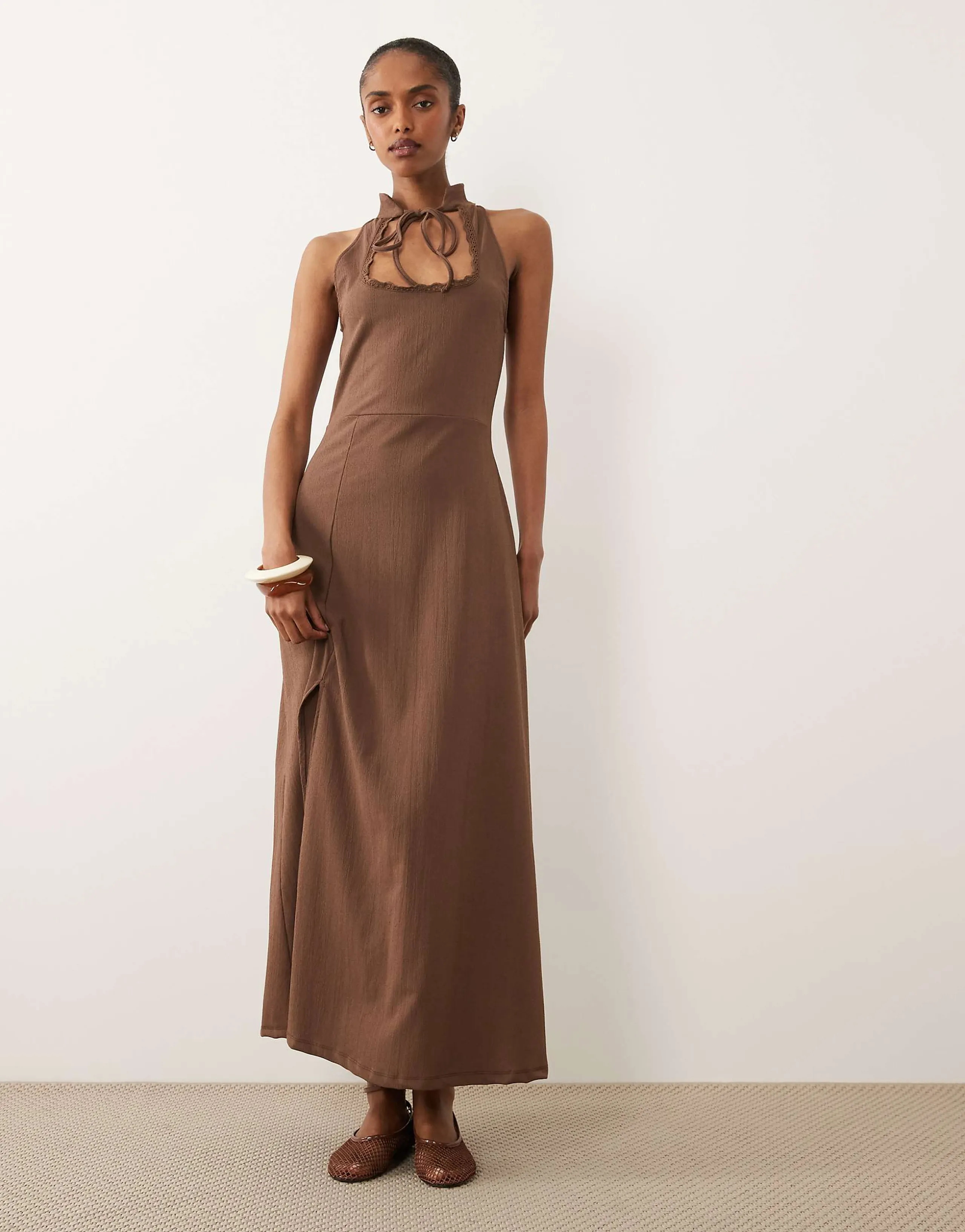 ASOS DESIGN crepe tie detail stand collar midi dress in chocolate