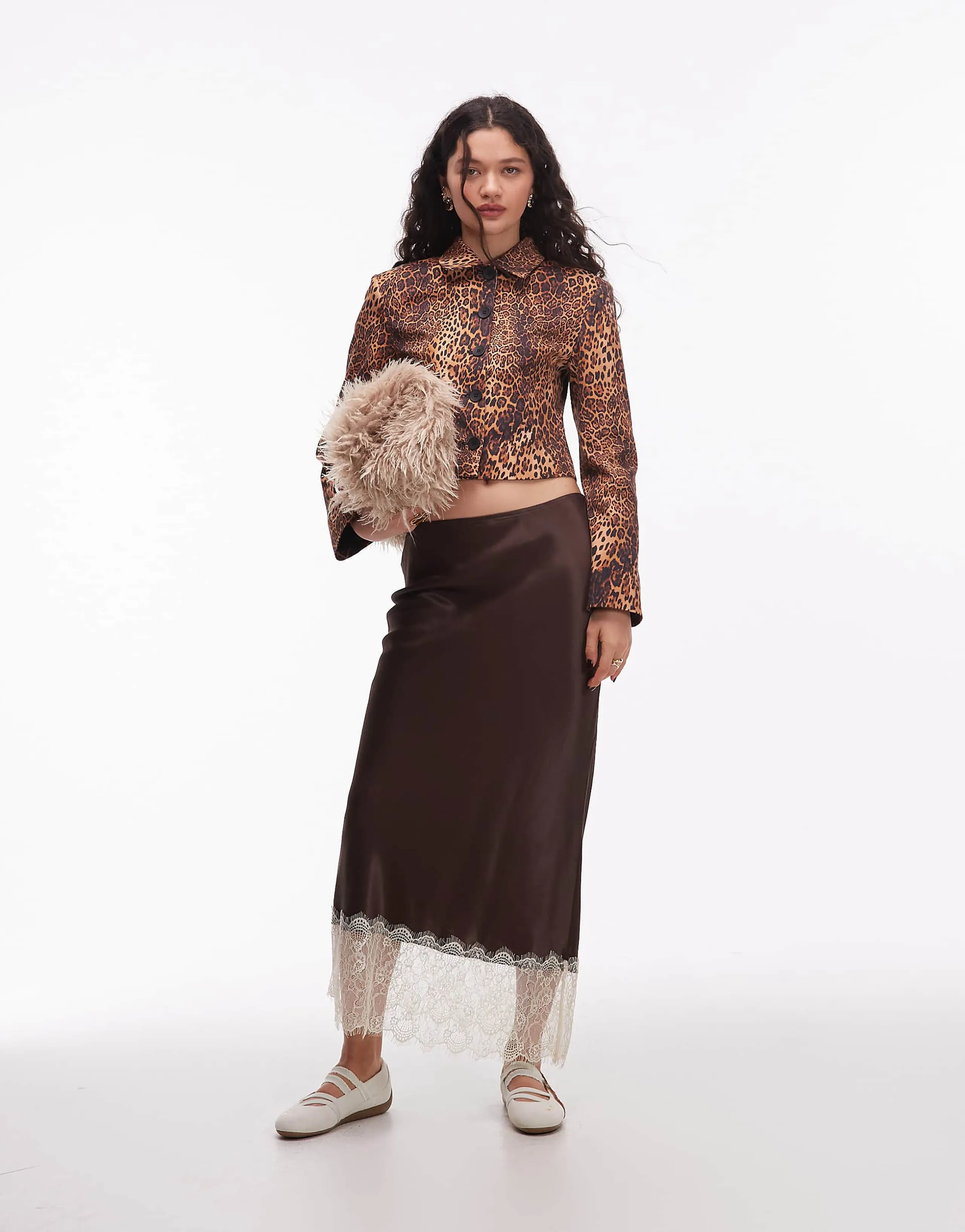 ASOS DESIGN satin lace trim bias midi skirt in chocolate