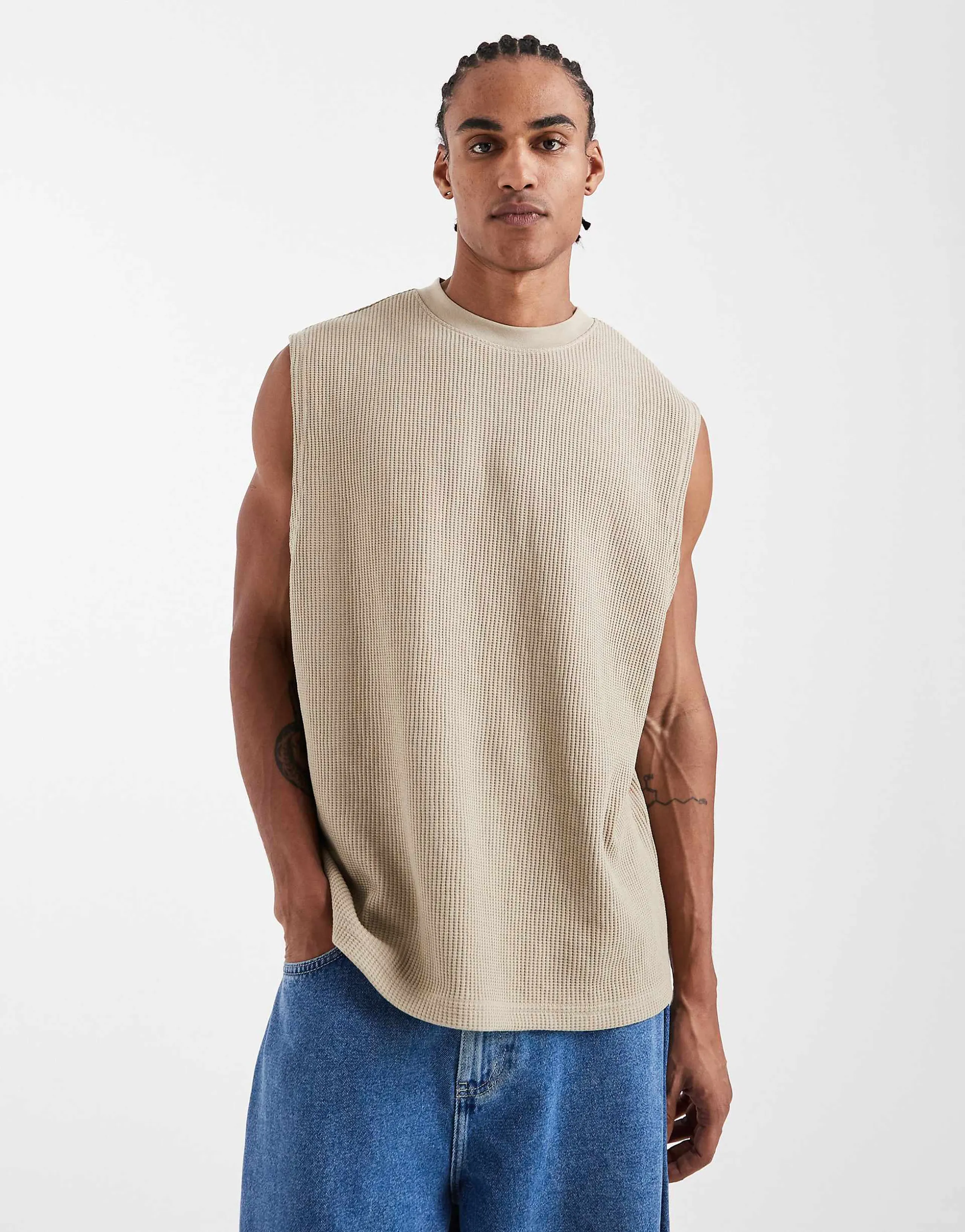 ASOS DESIGN heavyweight oversized tank top in beige waffle knit