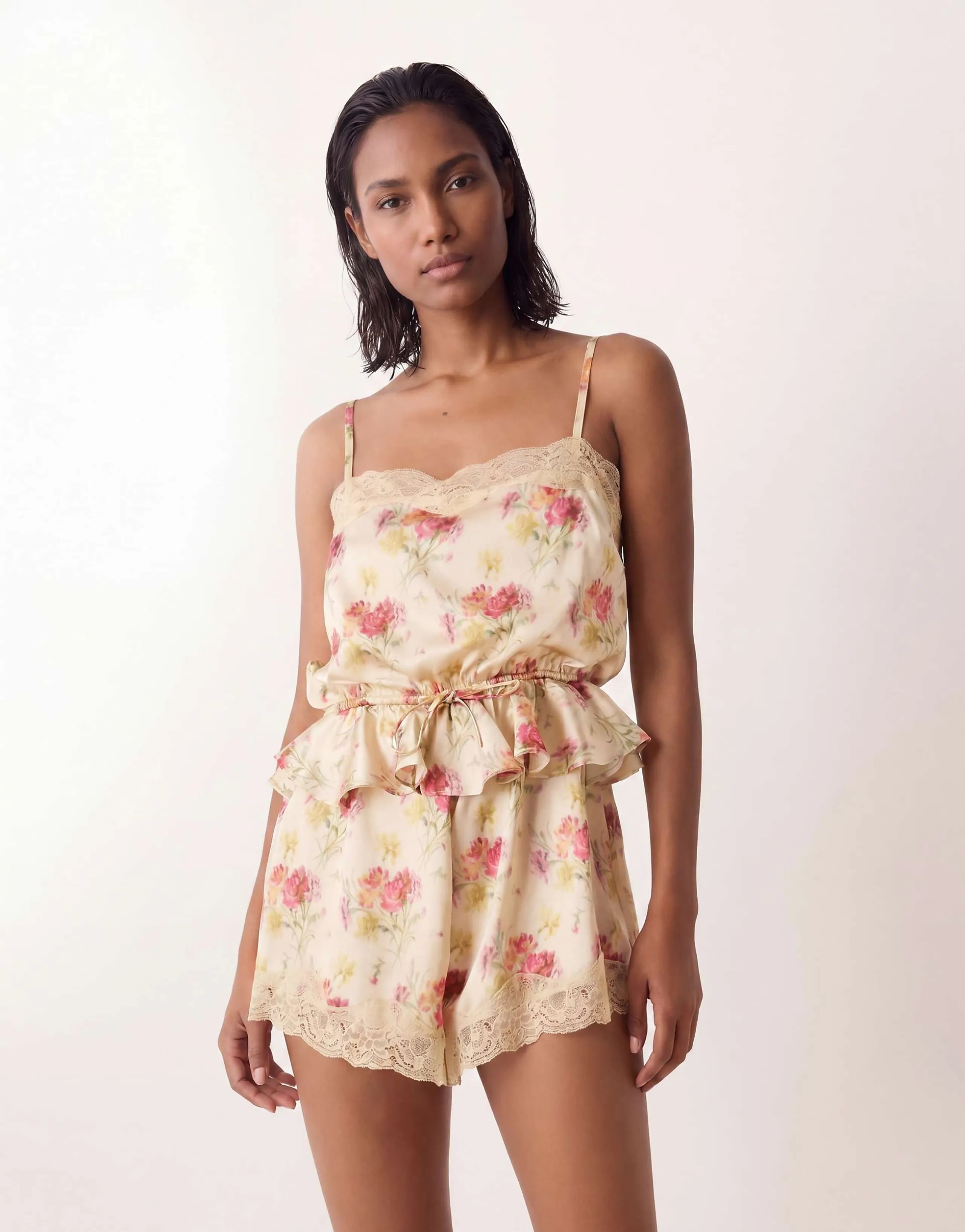 ASOS DESIGN satin romper with lace trim in vintage floral