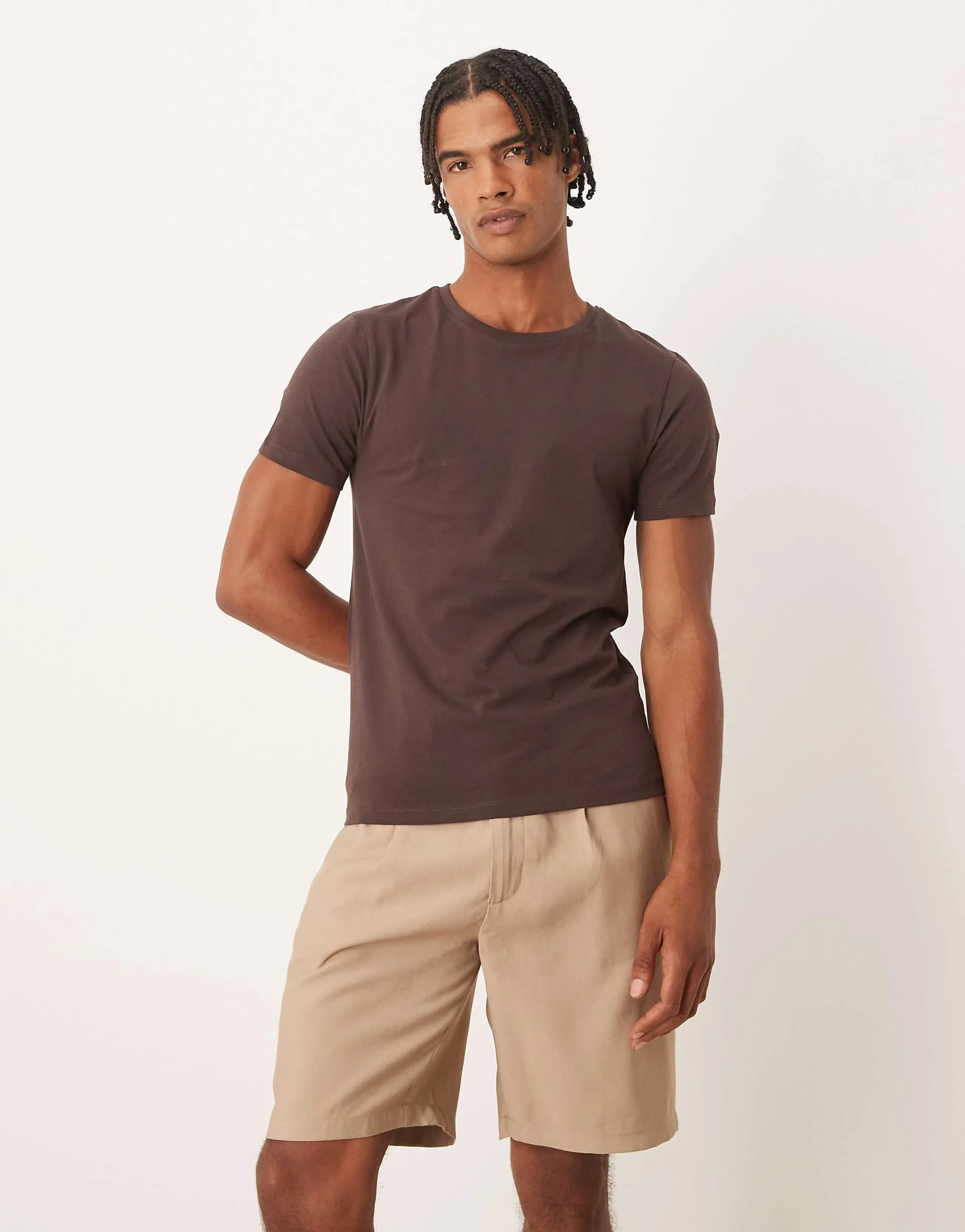 ASOS DESIGN straight fit linen look chino shorts in stone