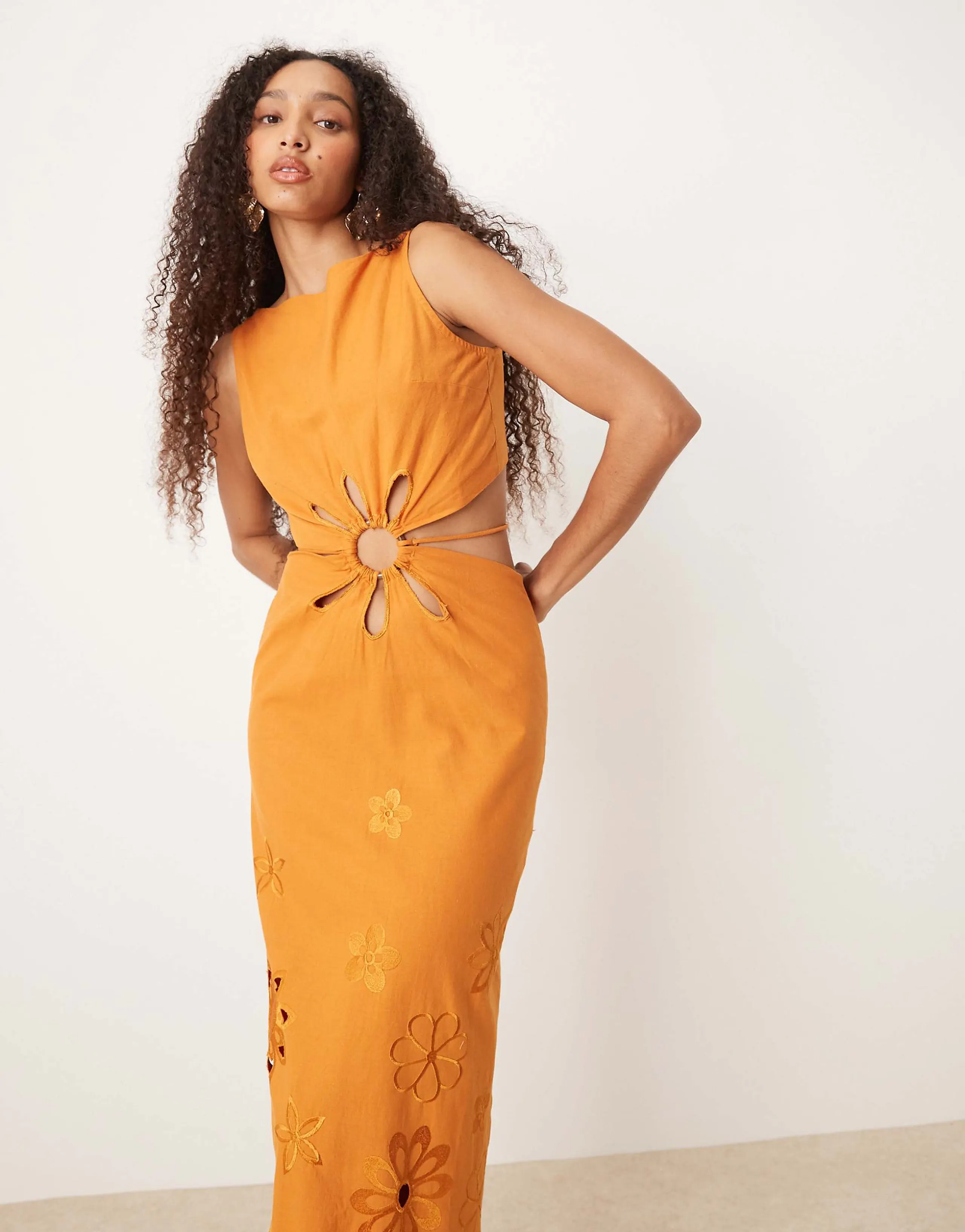 ASOS DESIGN floral embroidered cut out maxi dress in orange