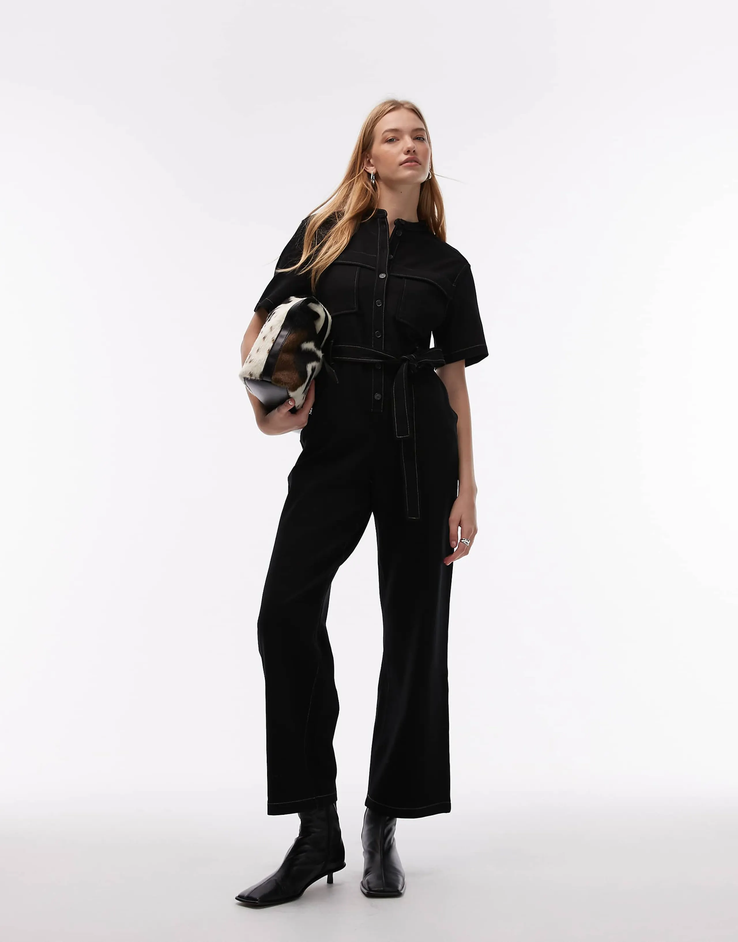 & Other Stories wide leg stretch jumpsuit with tie waist and utility pockets in black