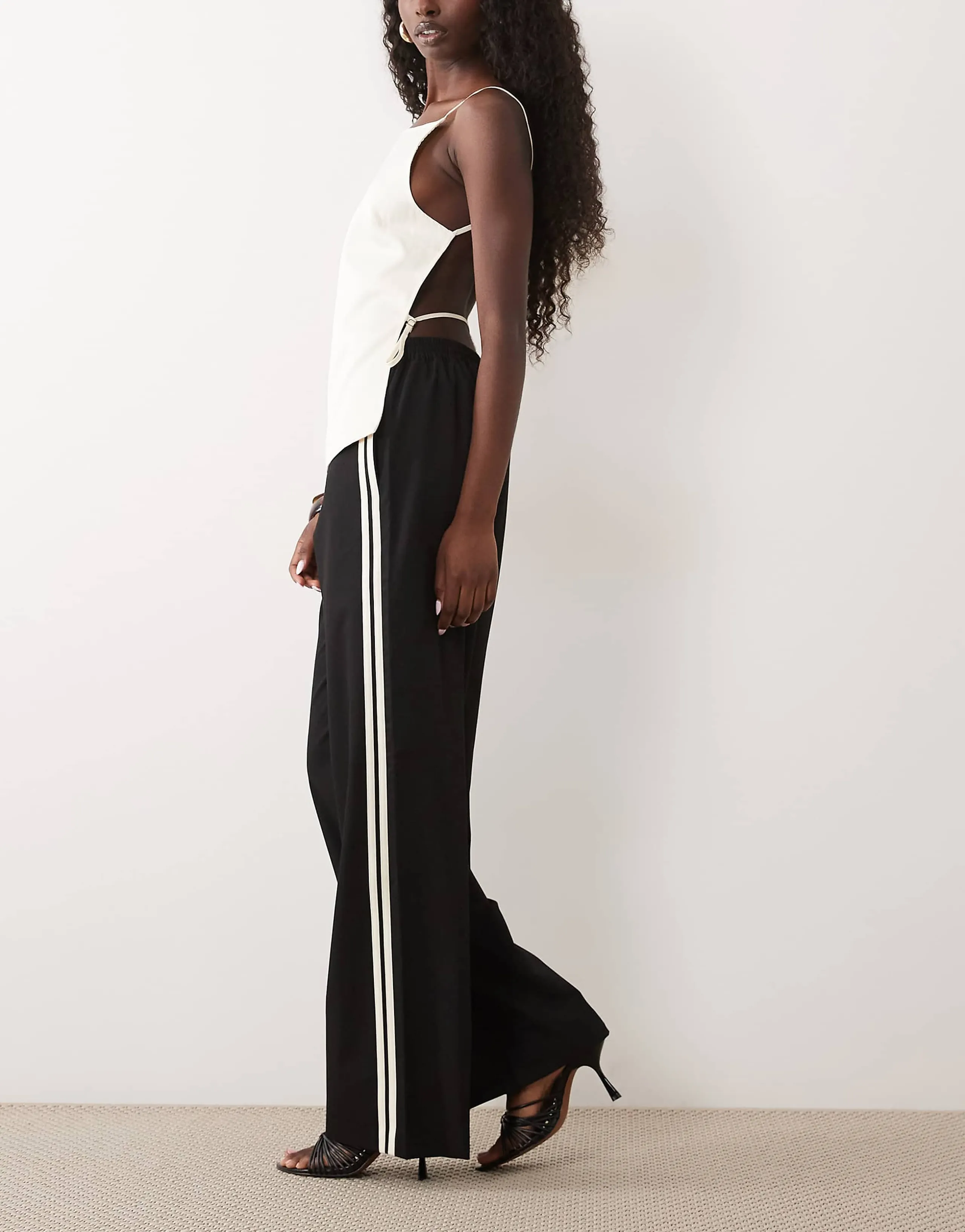 Mango tie waist straight pants with side stripe in black