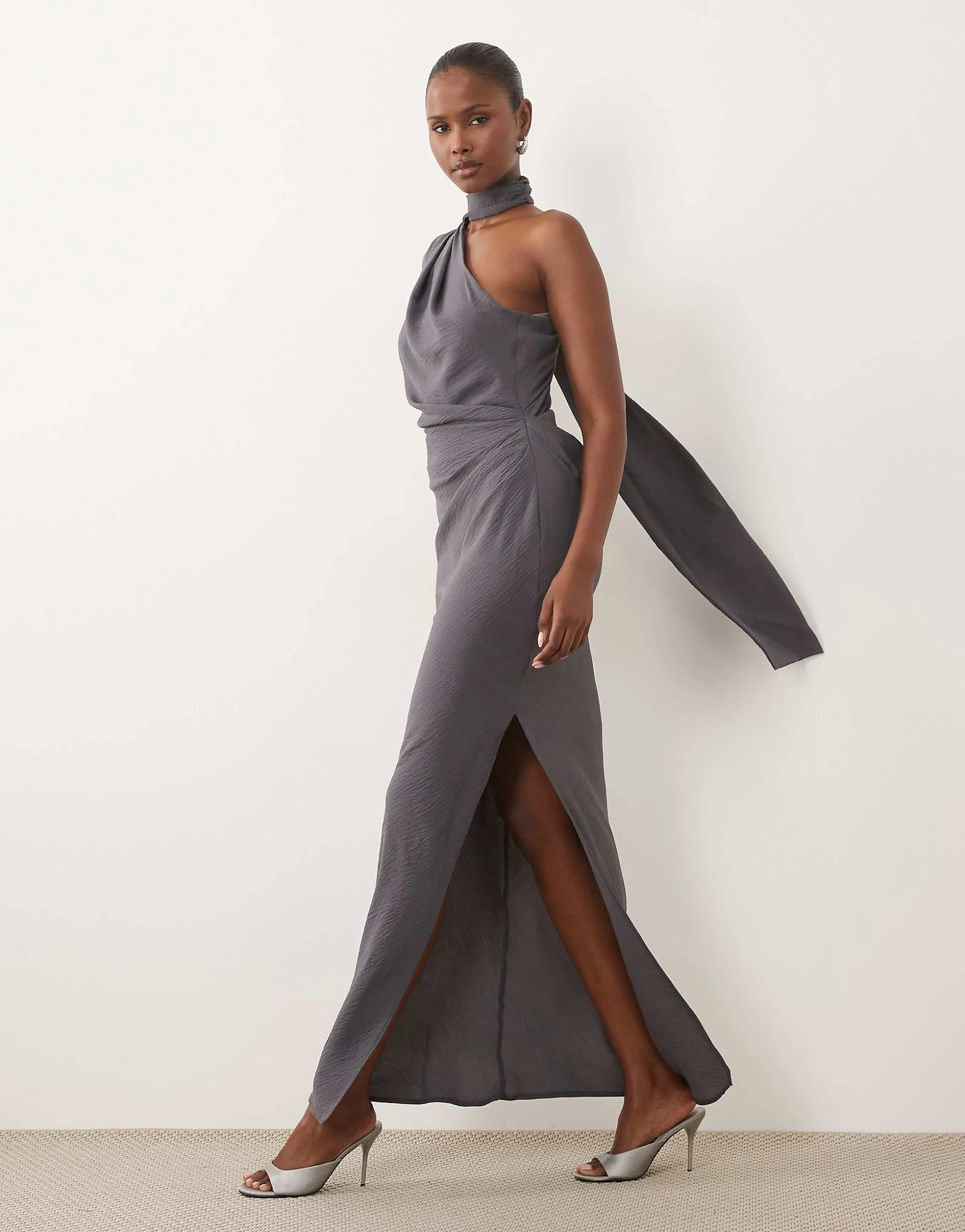 ASOS DESIGN one shoulder gathered waist maxi dress with scarf in blue gray