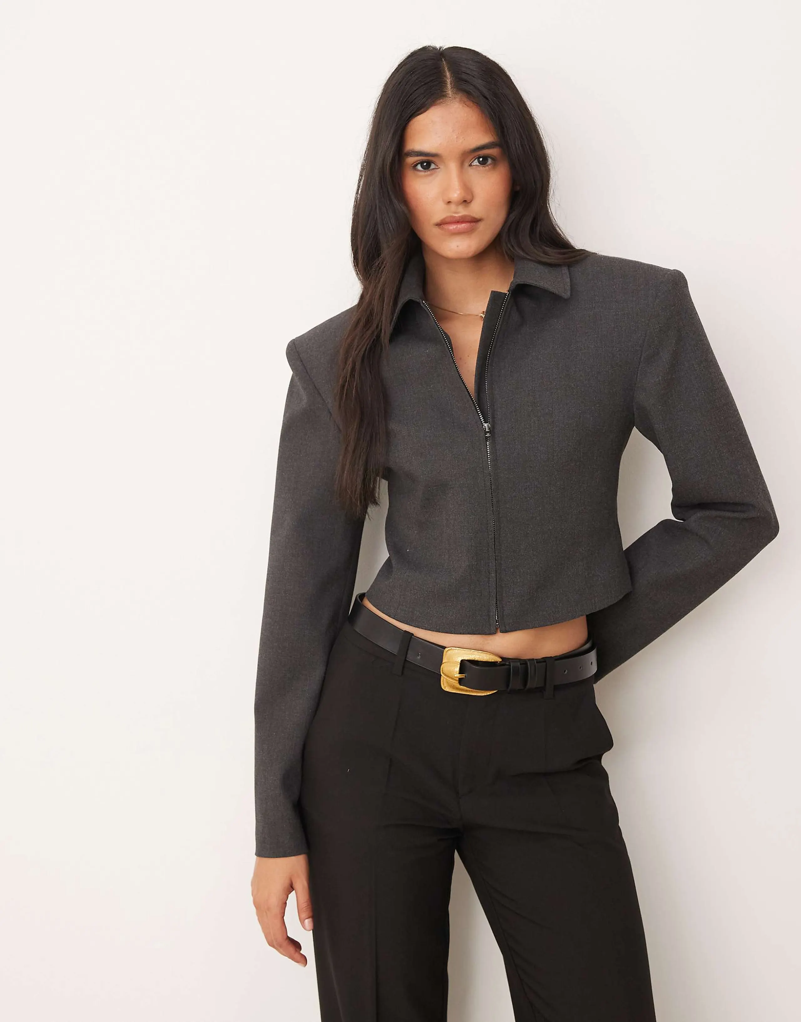 ASOS DESIGN tailored cropped cinch zip up jacket in charcoal - part of a set