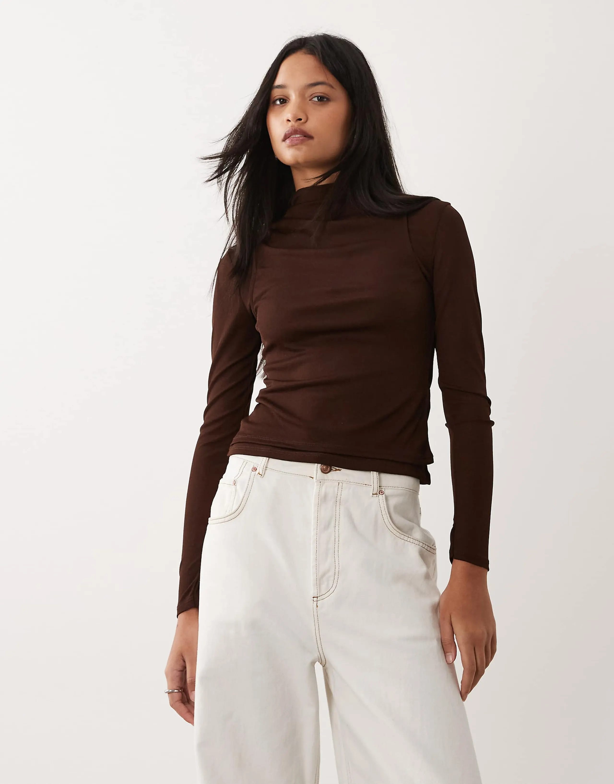 ASOS DESIGN double layer long sleeve funnel neck top with ruching detail in chocolate