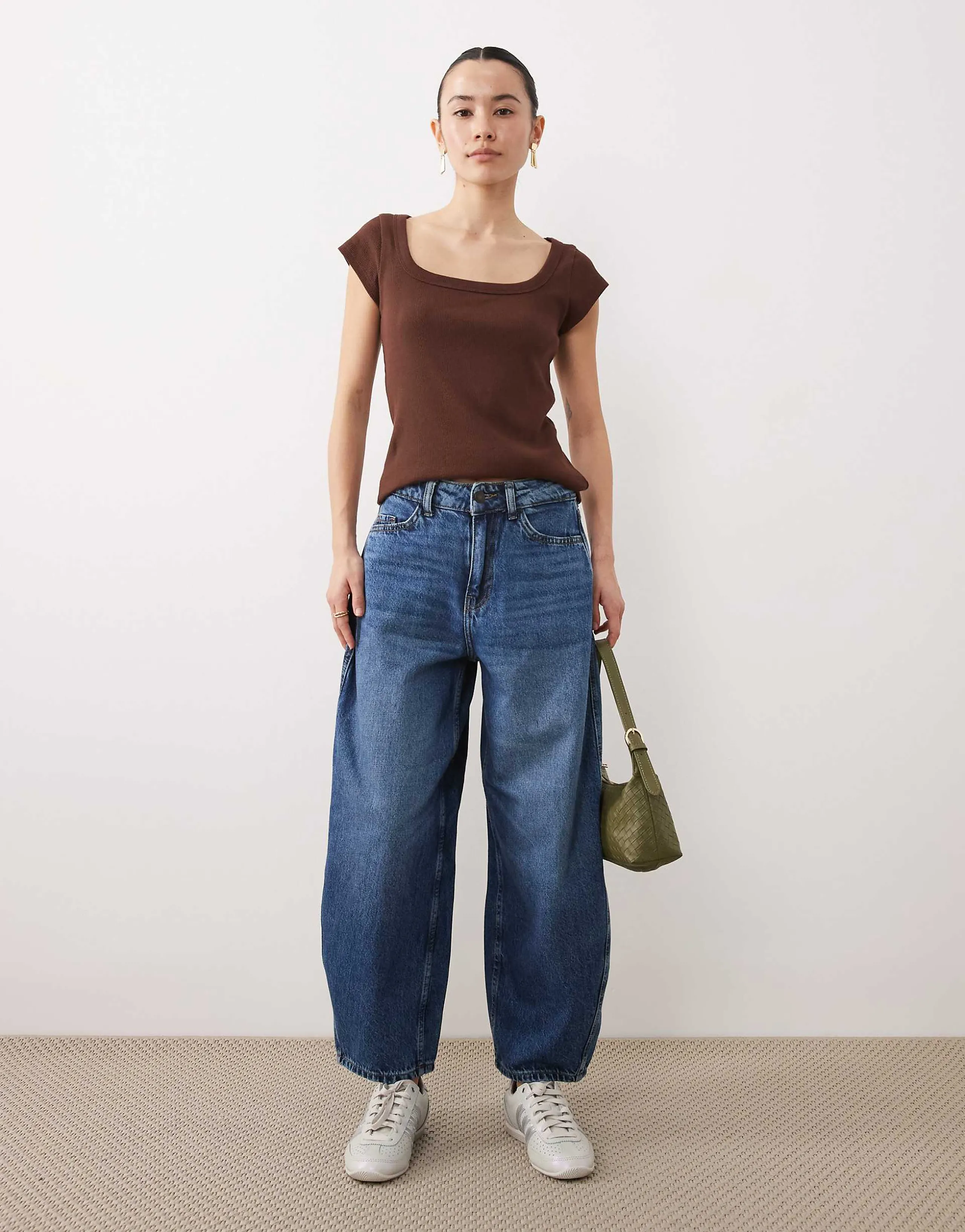 JDY Petite Susie mid waist barrel leg jeans in mid blue