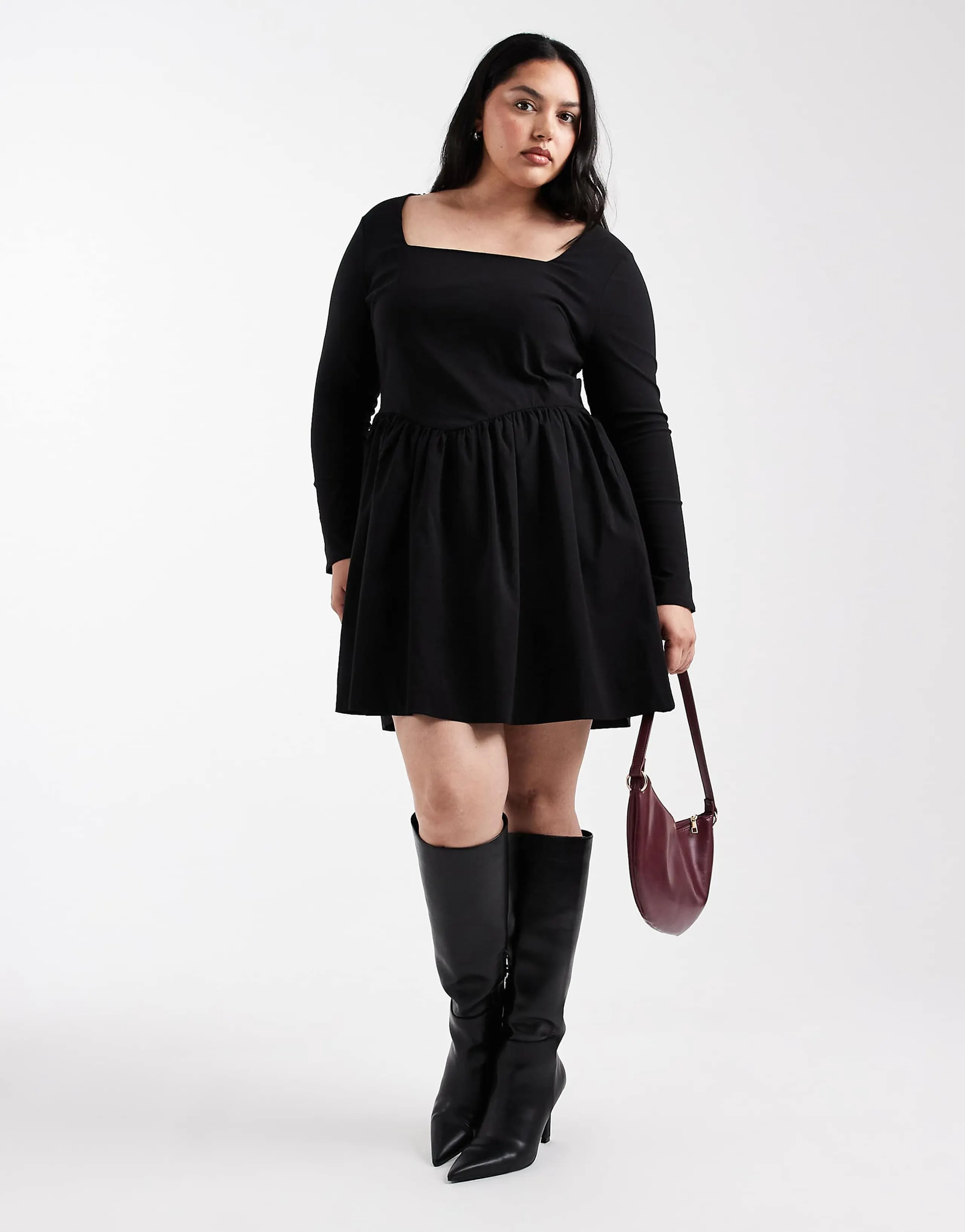 ONLY Curve long sleeve square neck mini skater dress in black