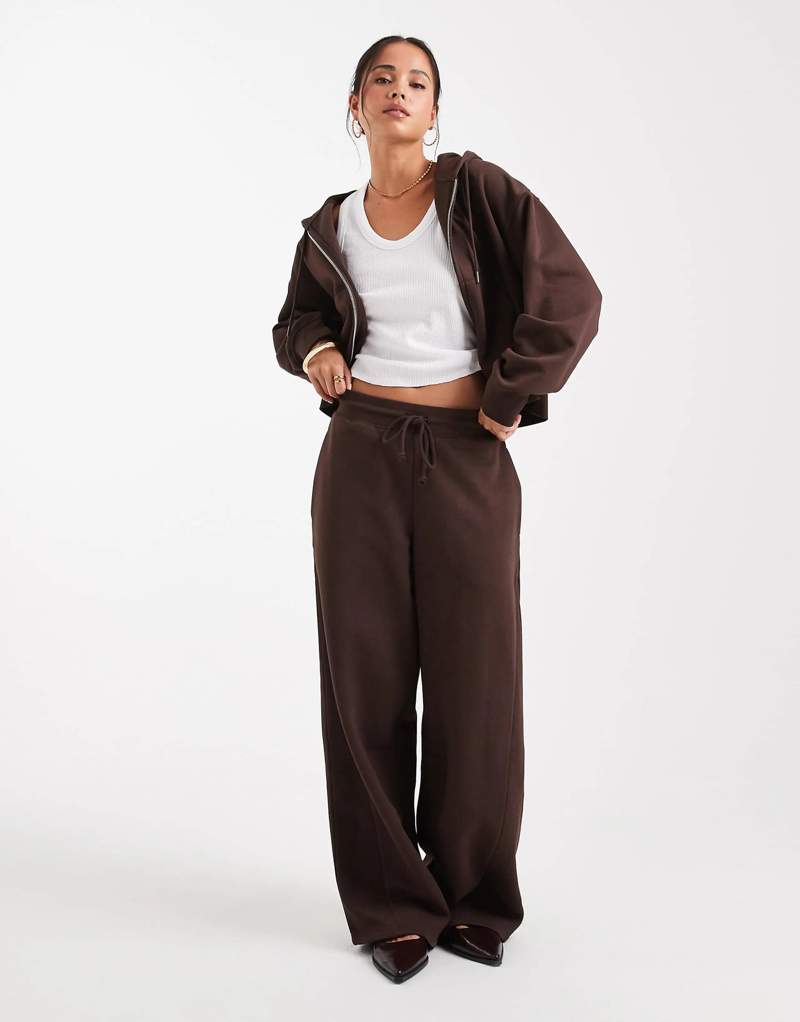 ASOS DESIGN oversized barrel leg brushback sweatpants with seam detail in chocolate brown