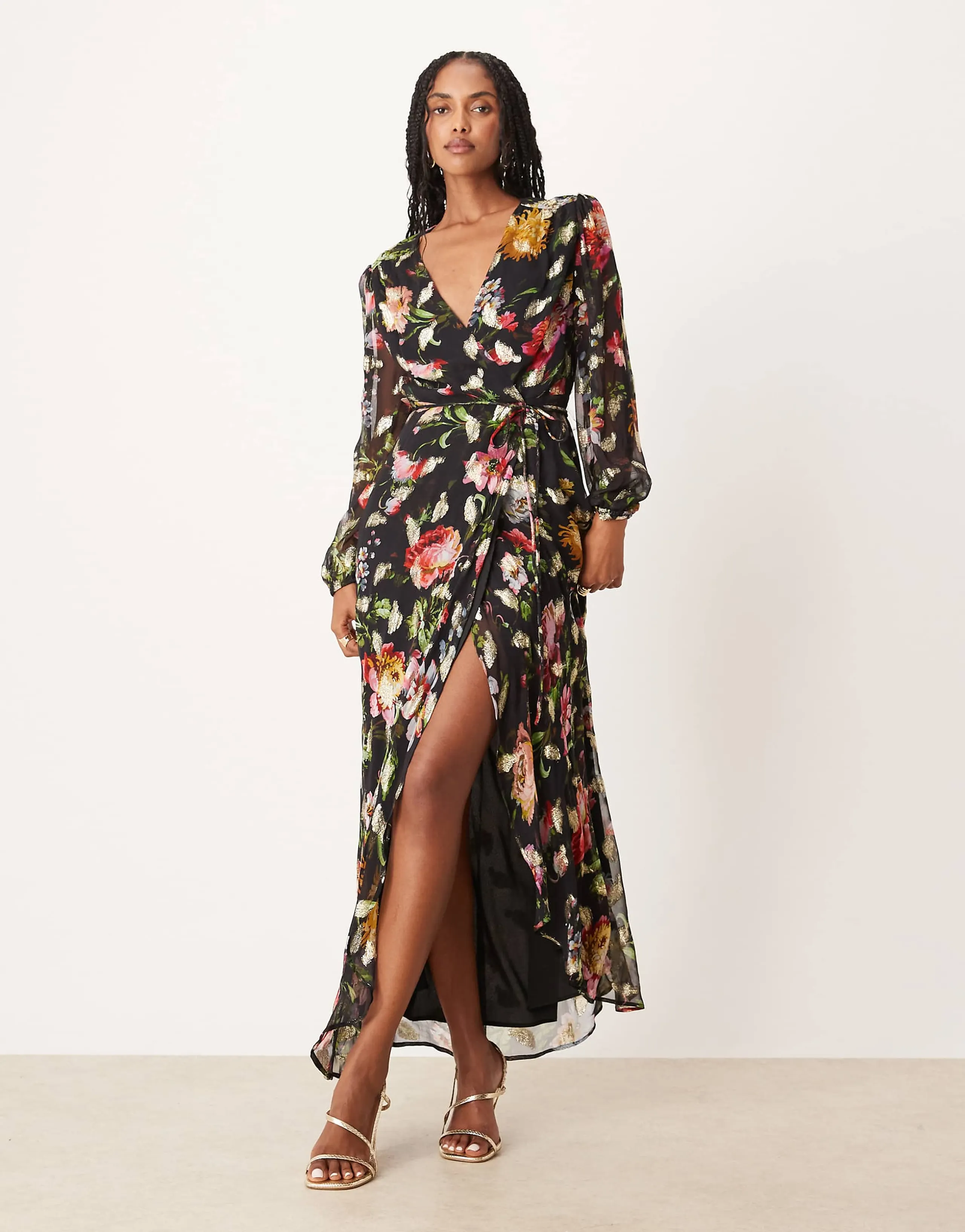 Hope & Ivy wrap front maxi dress in black floral with gold fleck