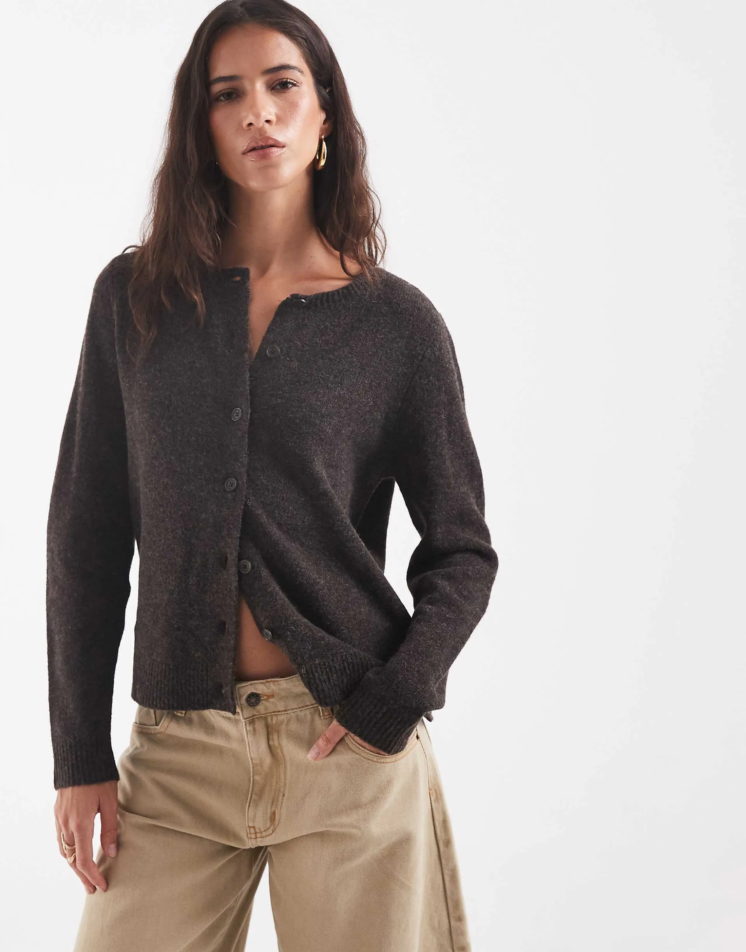 ONLY O-neck knit cardigan in dark brown
