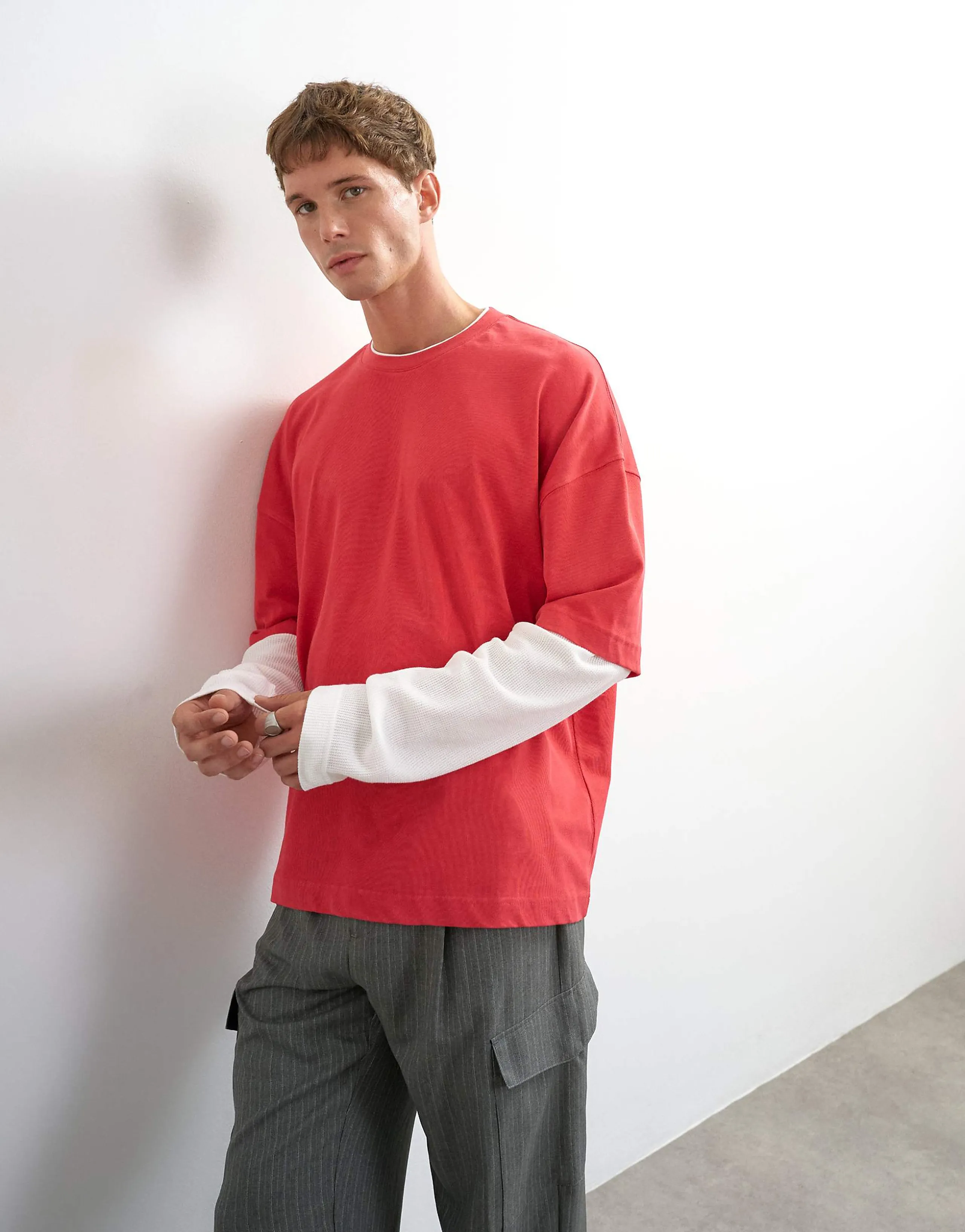 Topman relaxed fit crop layered T-shirt with waffle sleeves in washed red