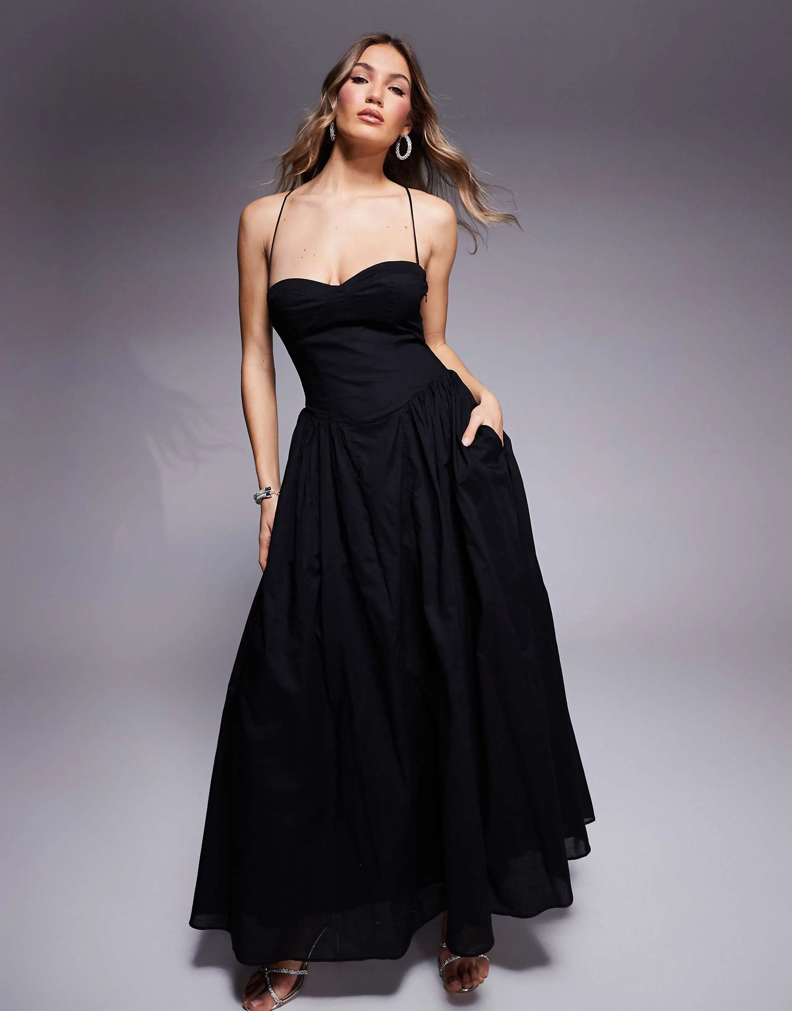 Bardot tie back corset maxi dress in black