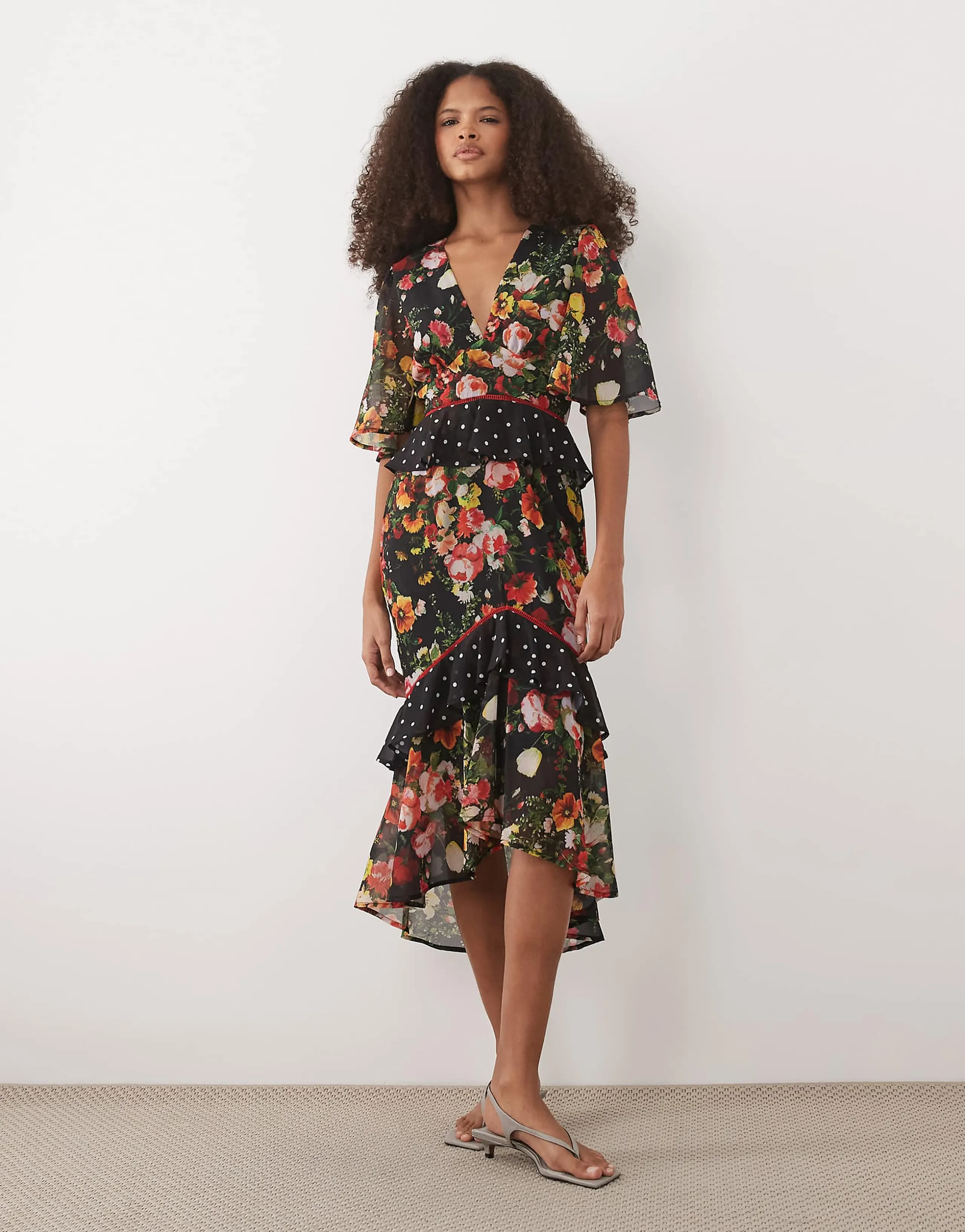 Hope & Ivy midi tea dress with peplum waist in black polka dot floral
