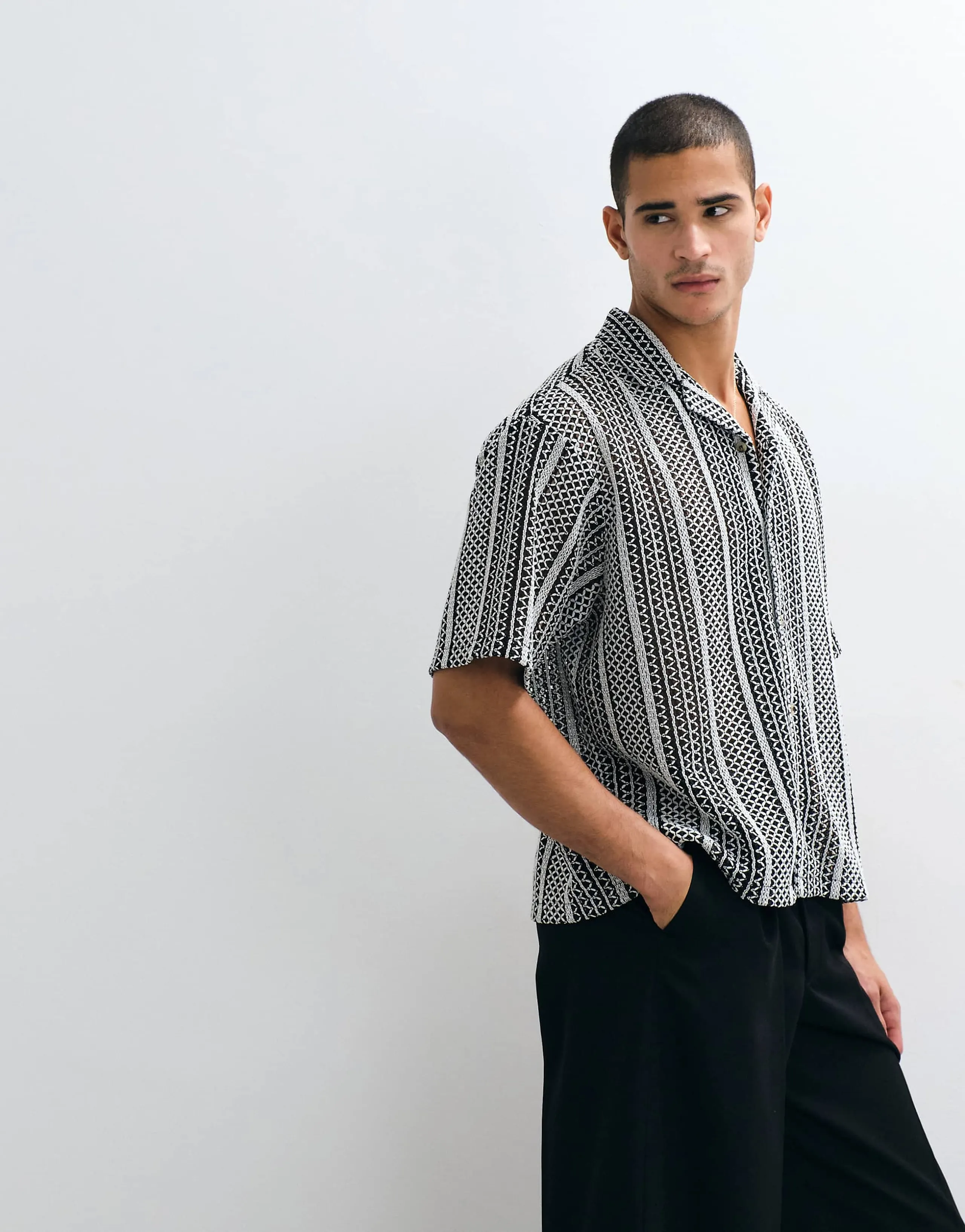 ASOS DESIGN boxy oversized camp collar crochet shirt in black