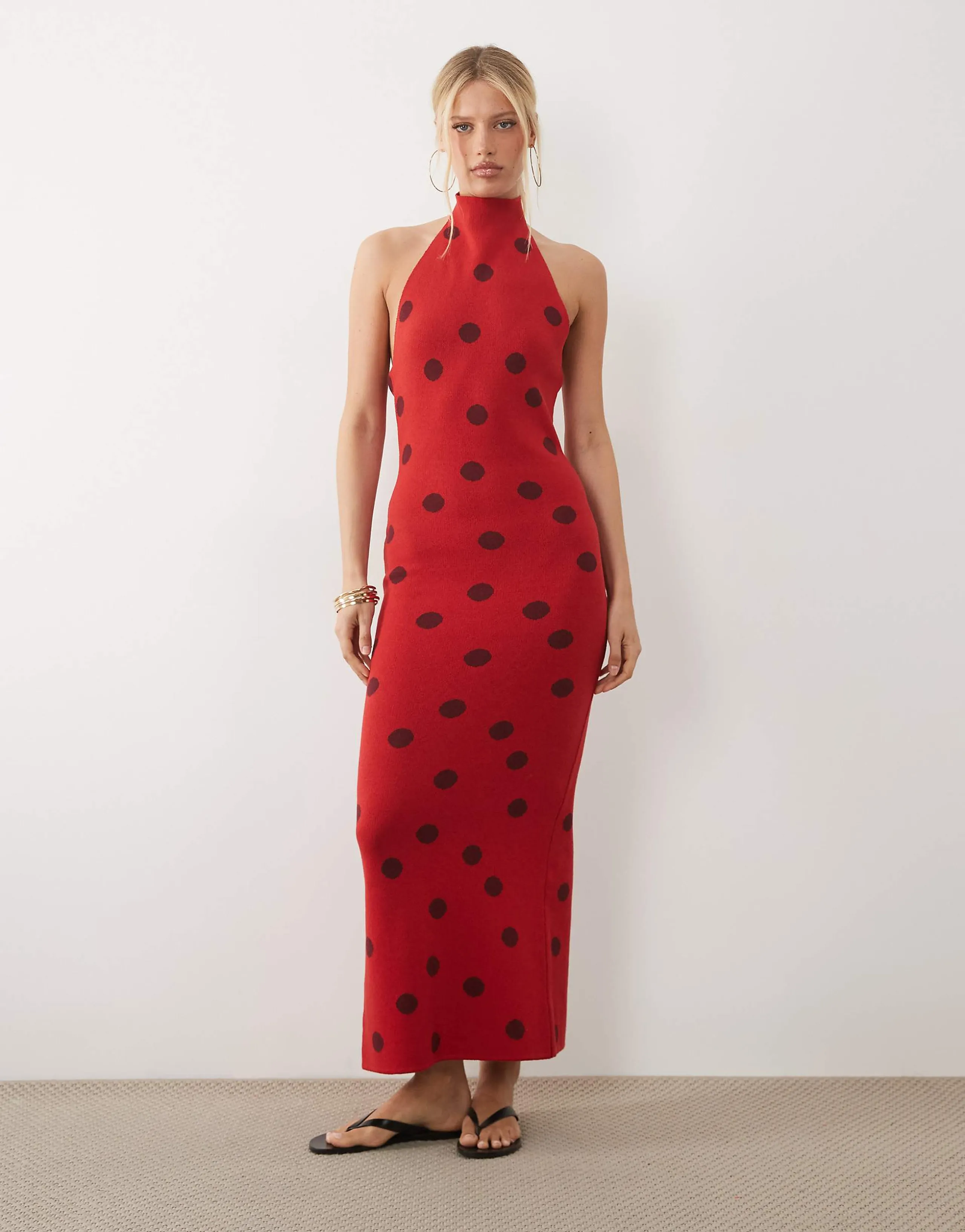 ASOS DESIGN knit halter neck maxi dress in red polka dot