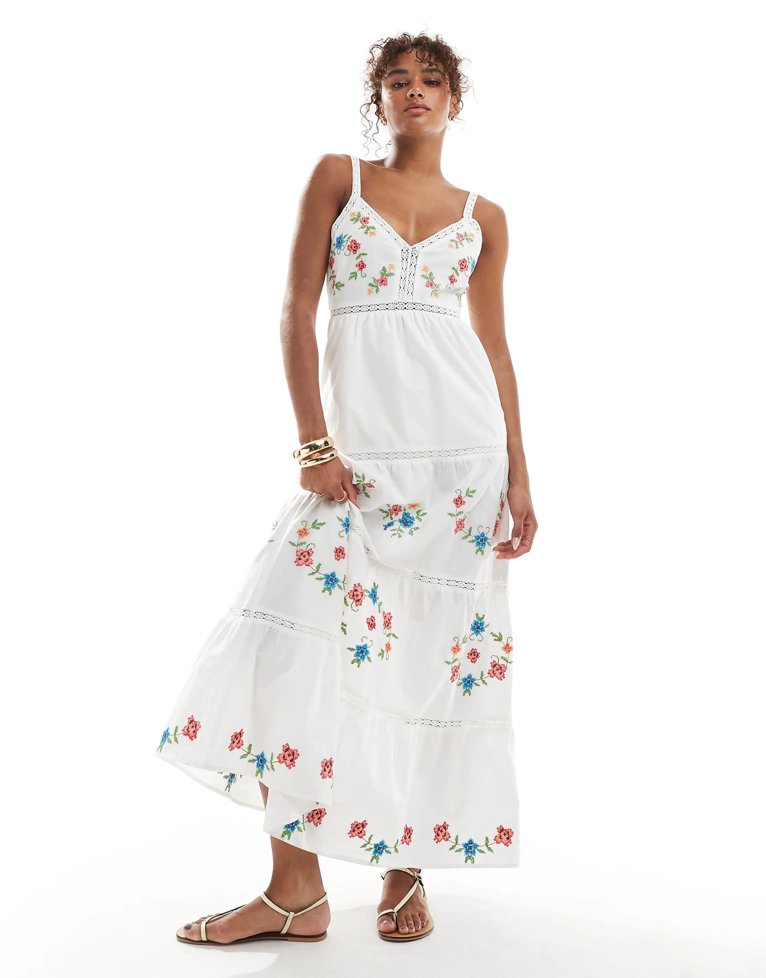Miss Selfridge embroidered heritage maxi dress in white