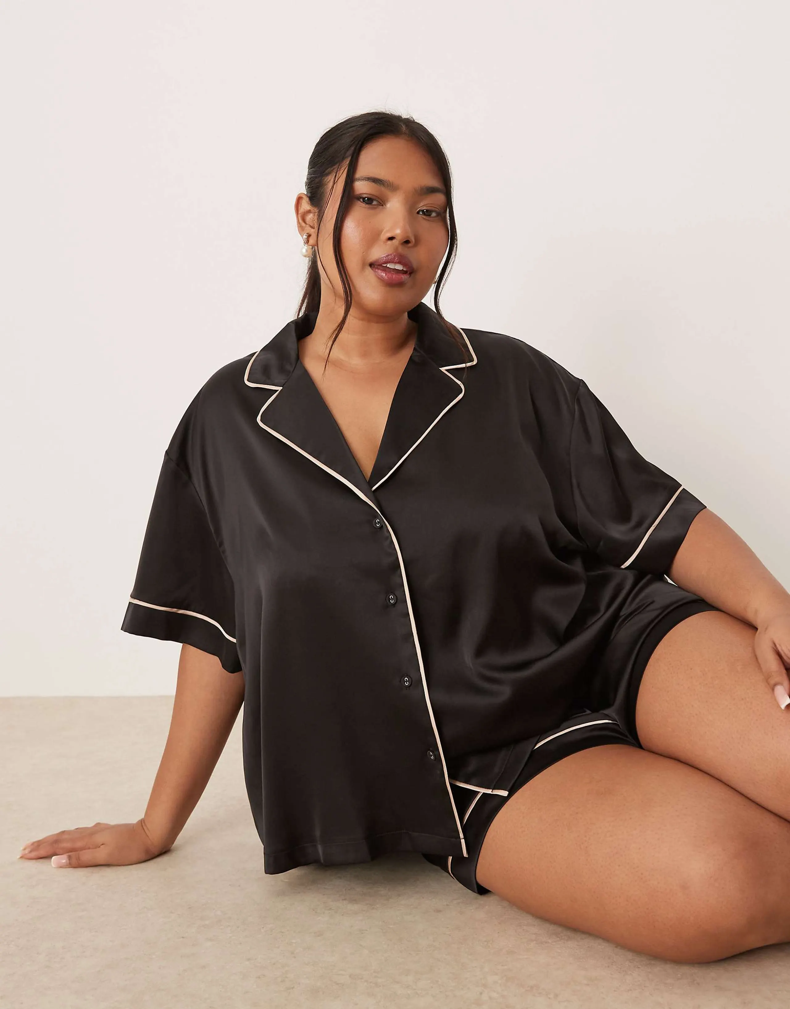 ASOS DESIGN Curve oversized satin short sleeve shirt and shorts pajama set in black