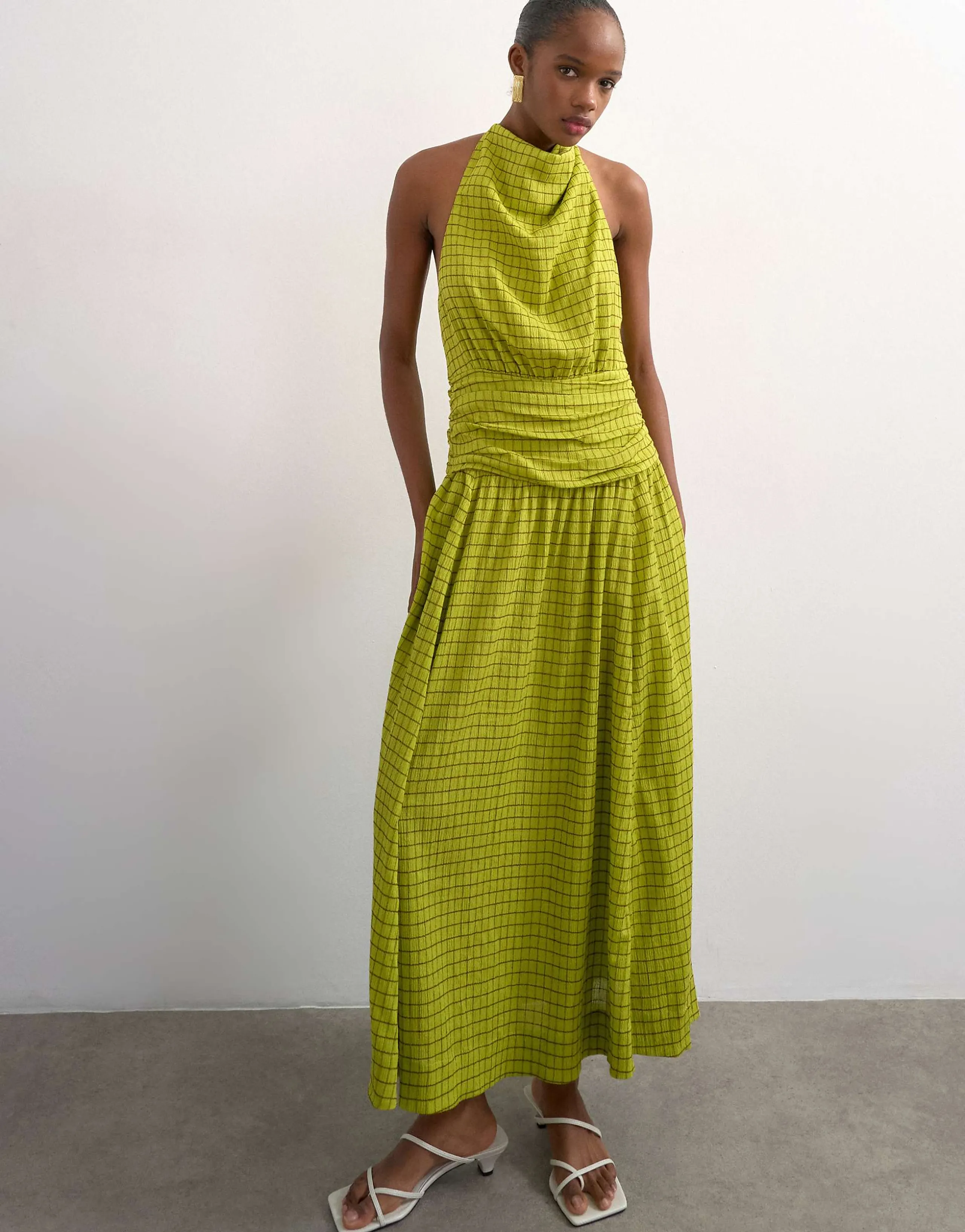 Topshop dropped waist halter maxi dress in brown and lime plaid