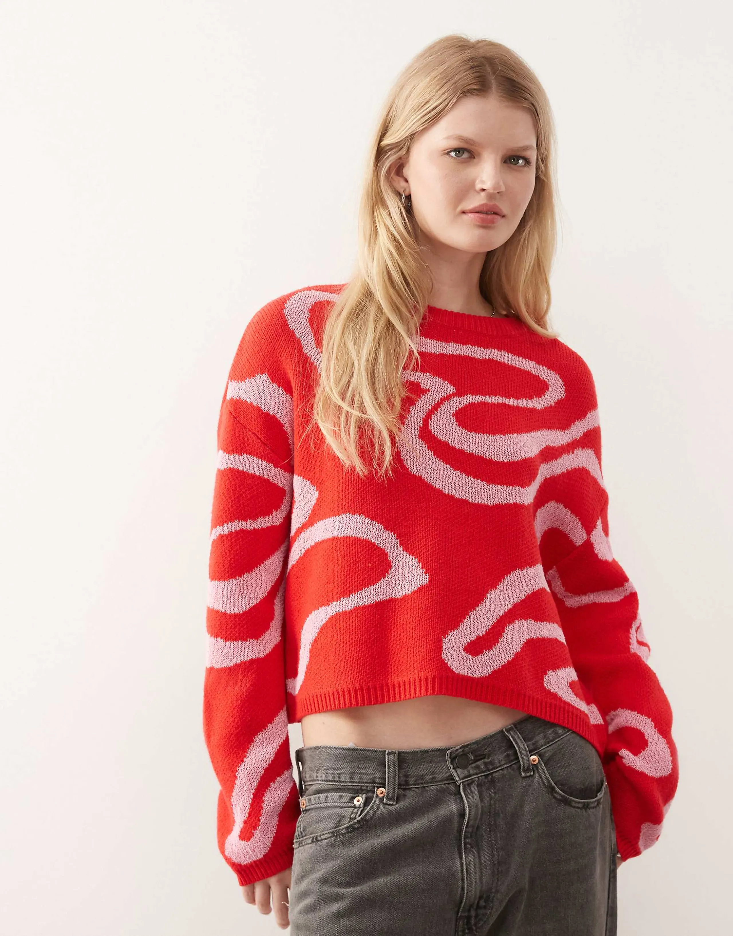 Noisy May knit sweater in red with pink swirl