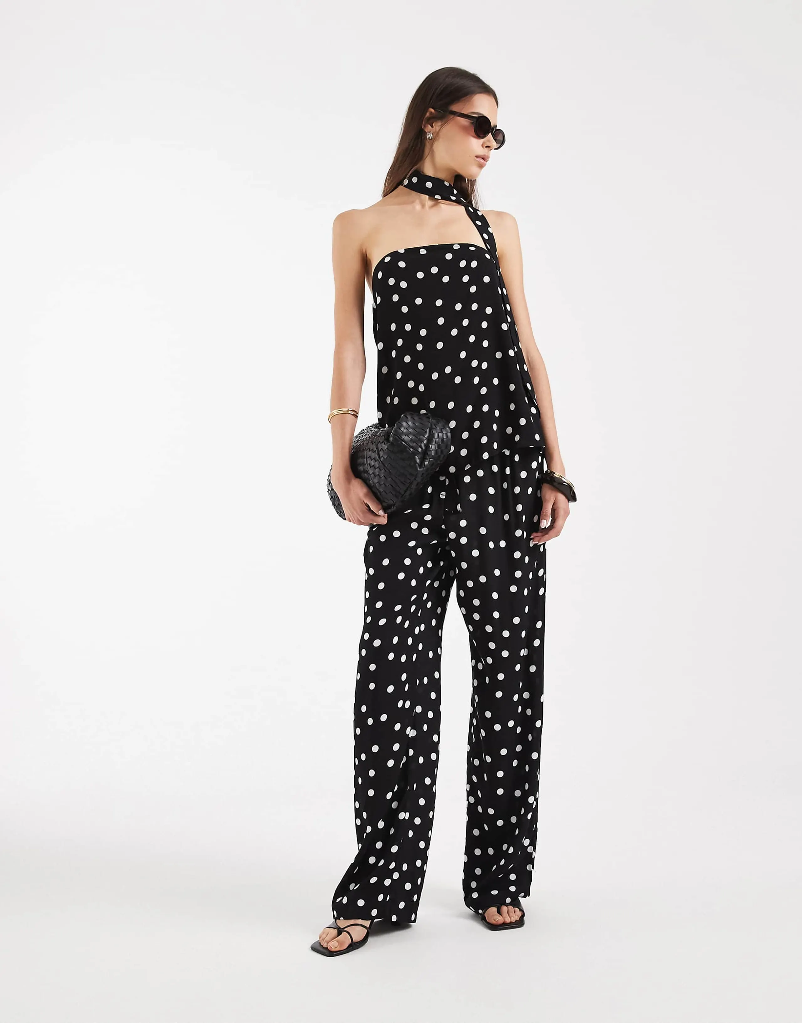 Vero Moda Tall woven wide leg pants in black and white polka dot print - part of a set
