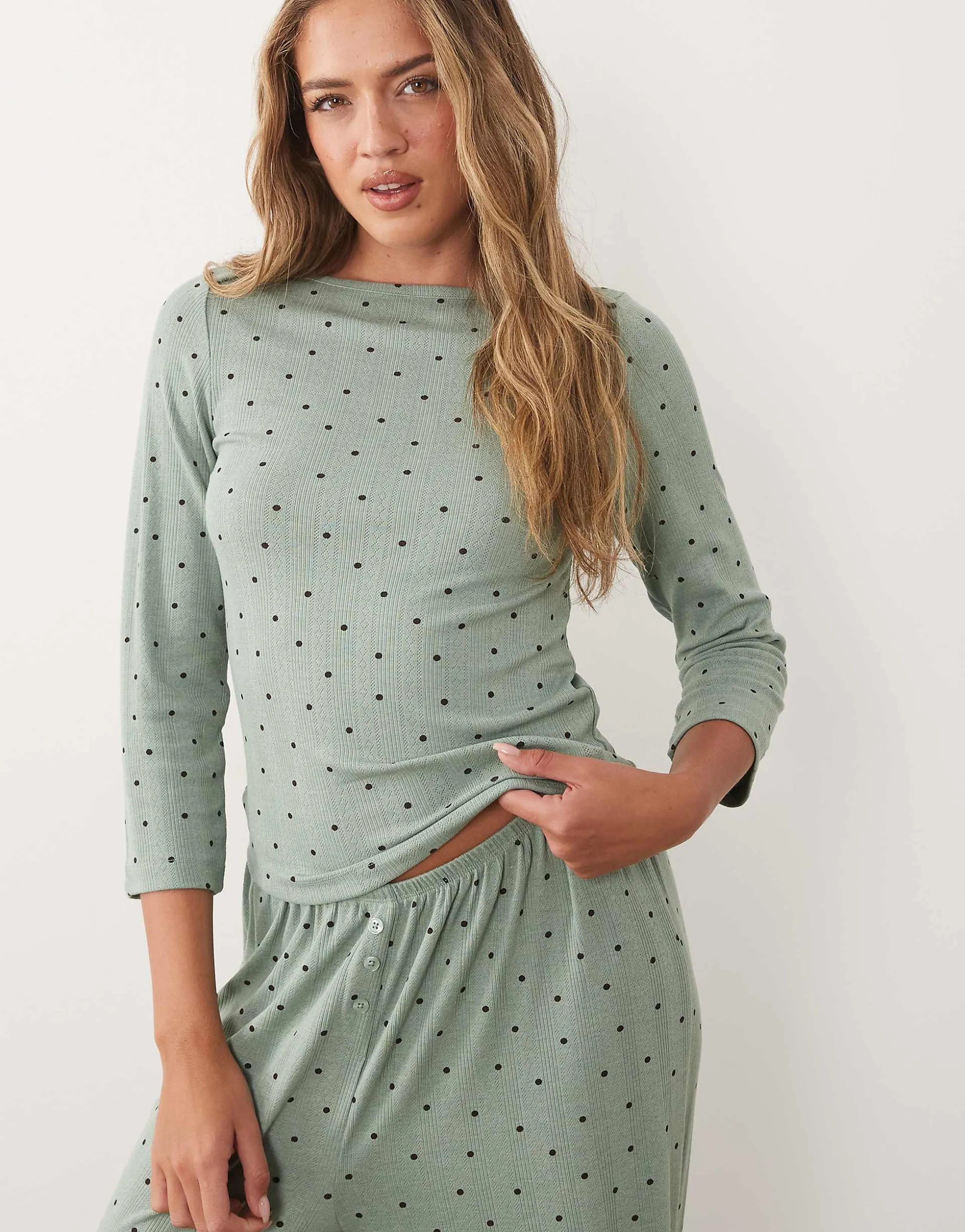 ASOS DESIGN mix & match pointelle boatneck top with 3/4 sleeve in green polka dot print