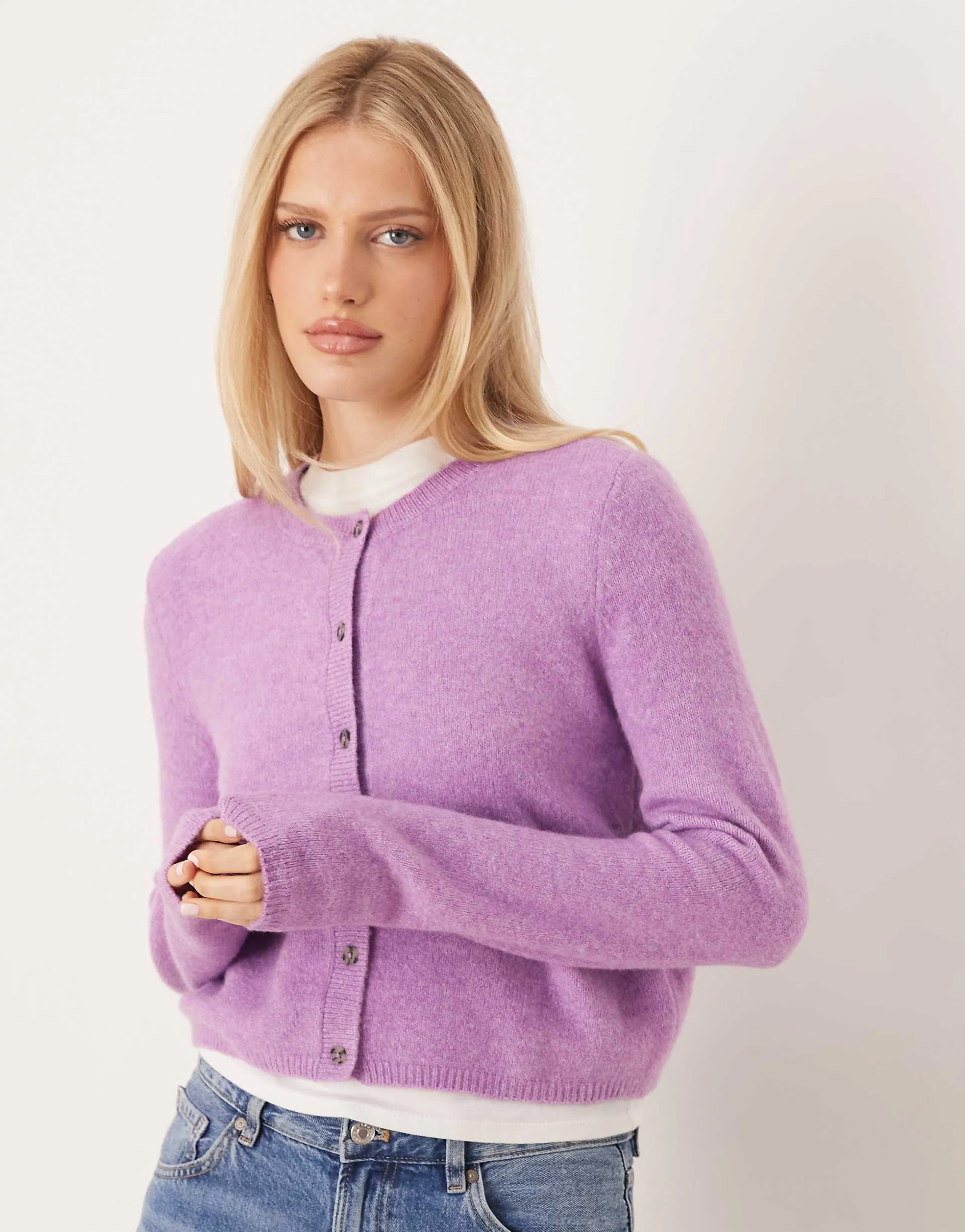 JDY wool look crew neck cardigan in purple