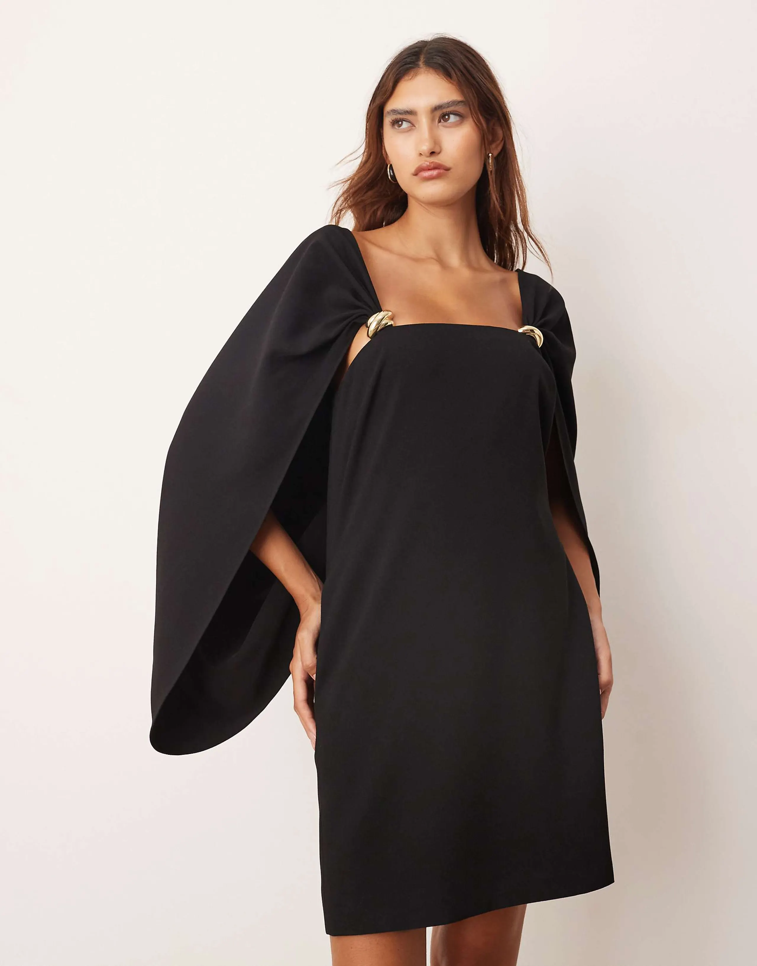 ARRANGE cape sleeve mini shift dress with metal trim detailing in black
