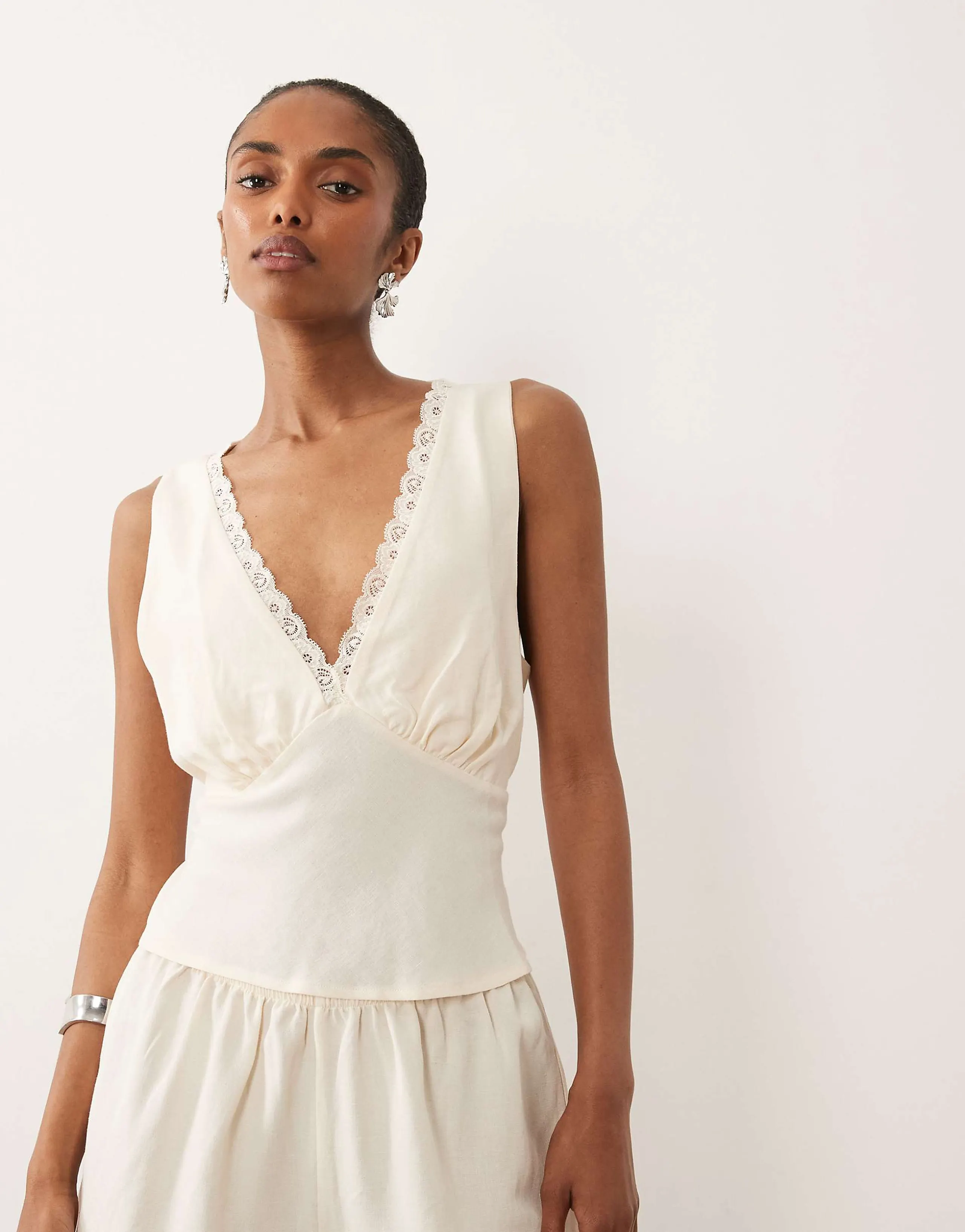 ASOS DESIGN linen look halter lace trim top in ivory 