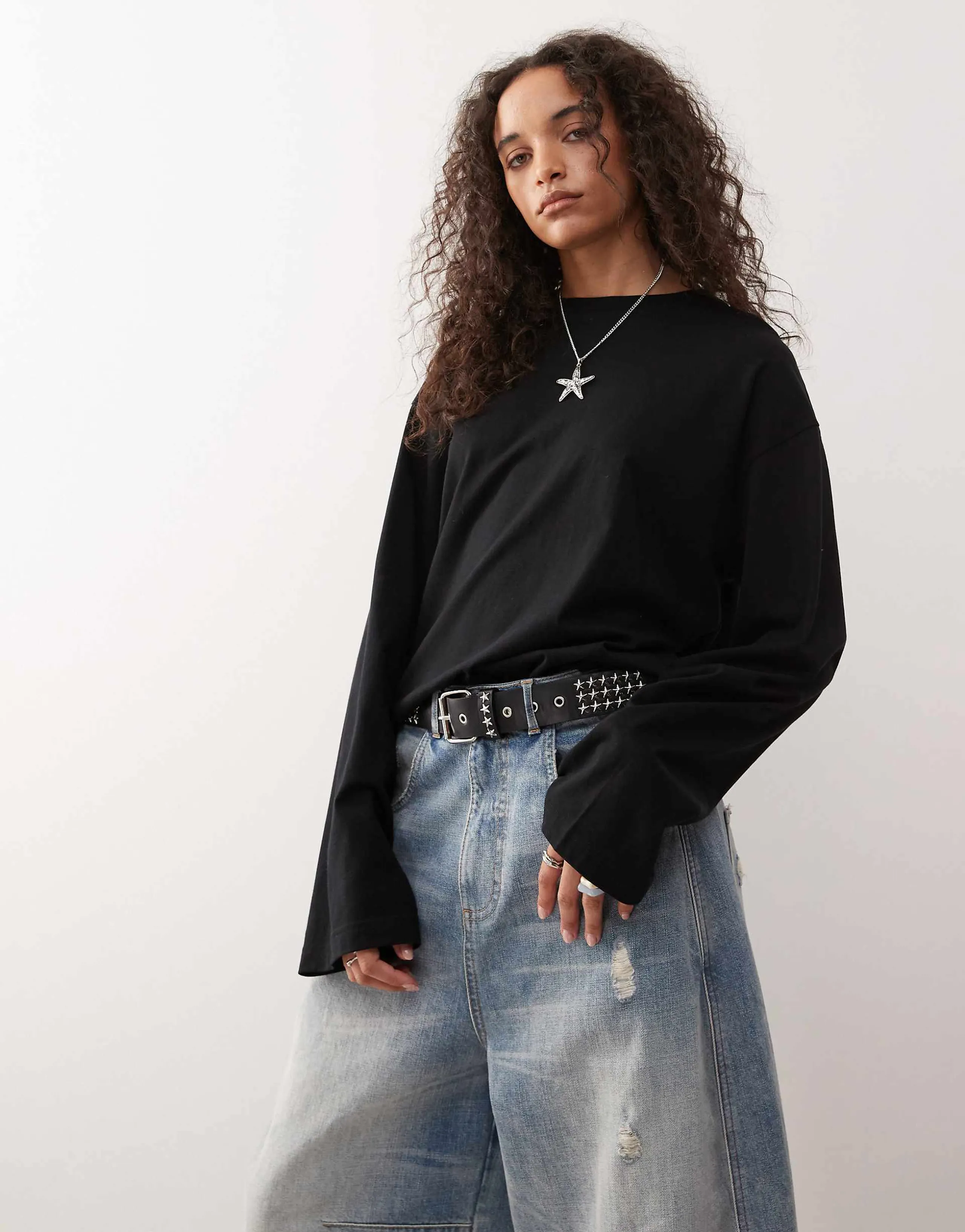 Monki oversized long sleeve T-shirt with side slits in black