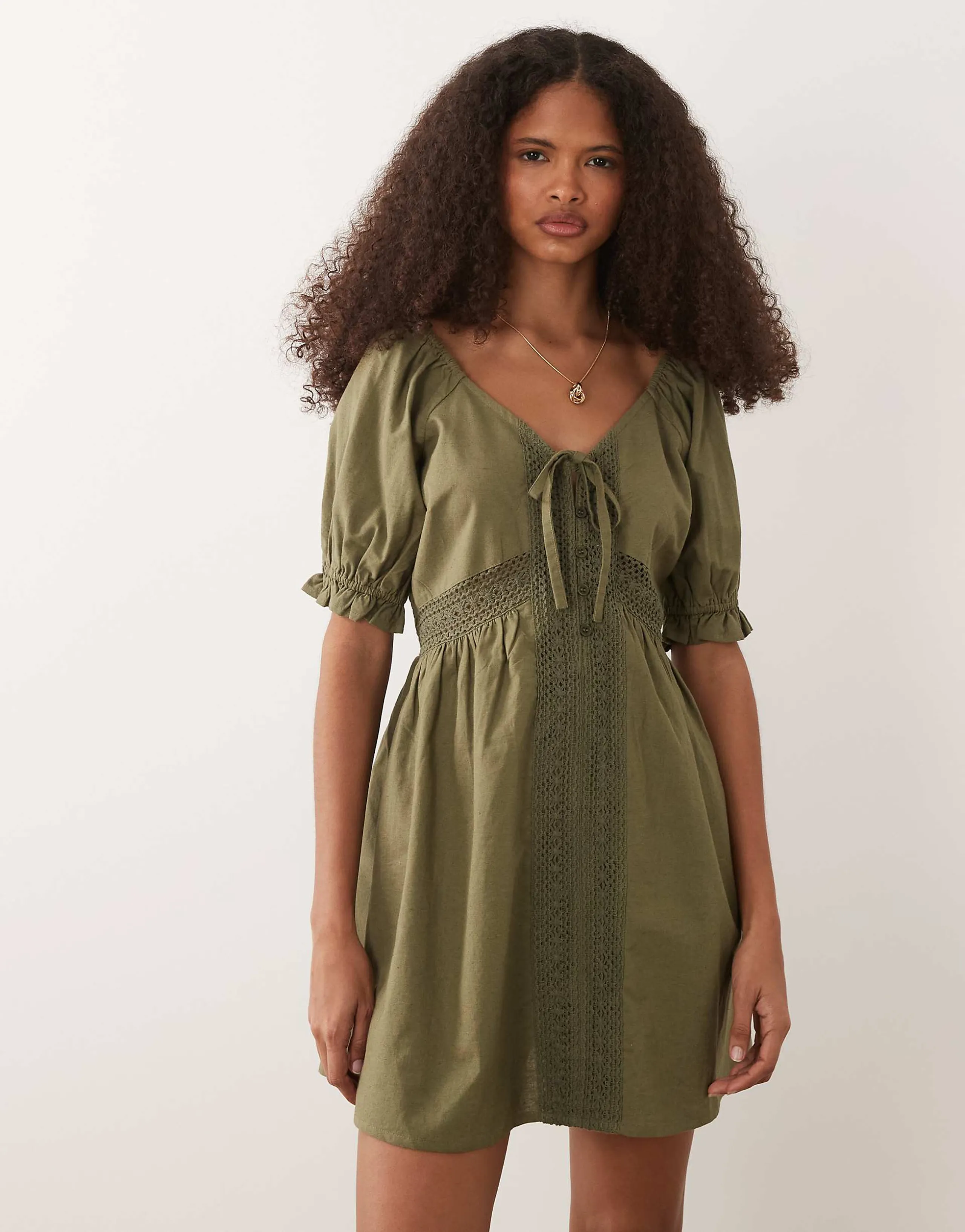 Wednesdays Girl mini lace detailed dress in khaki