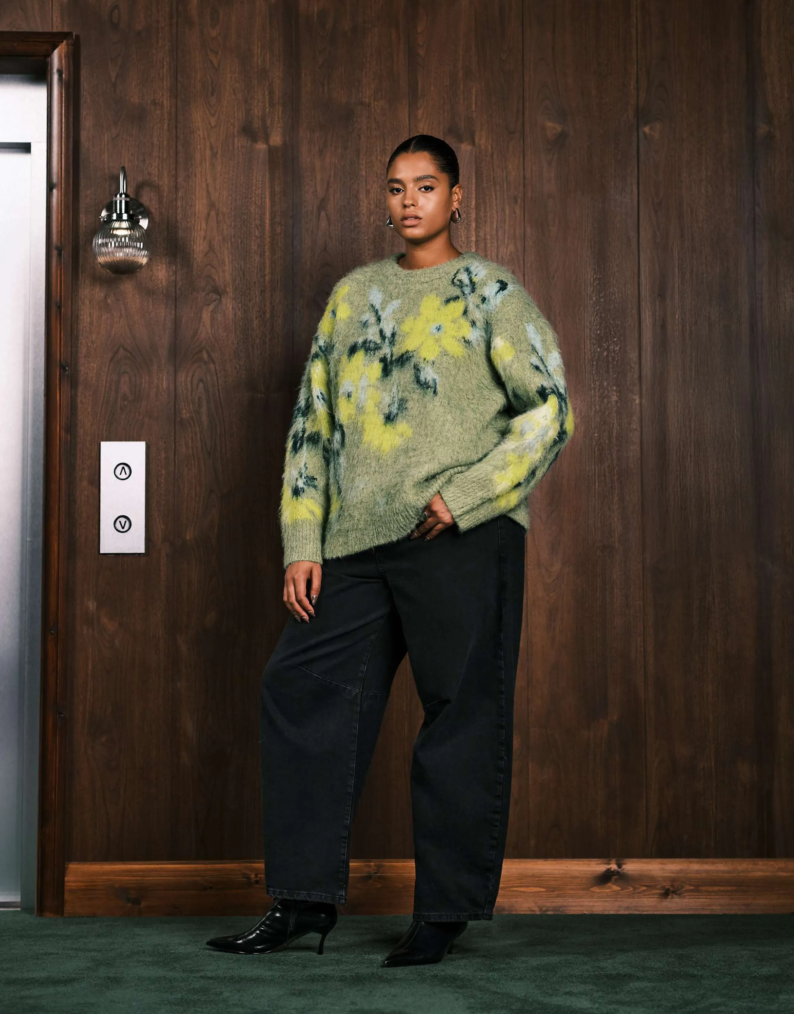 ASOS DESIGN Curve brushed floral placement sweater in sage