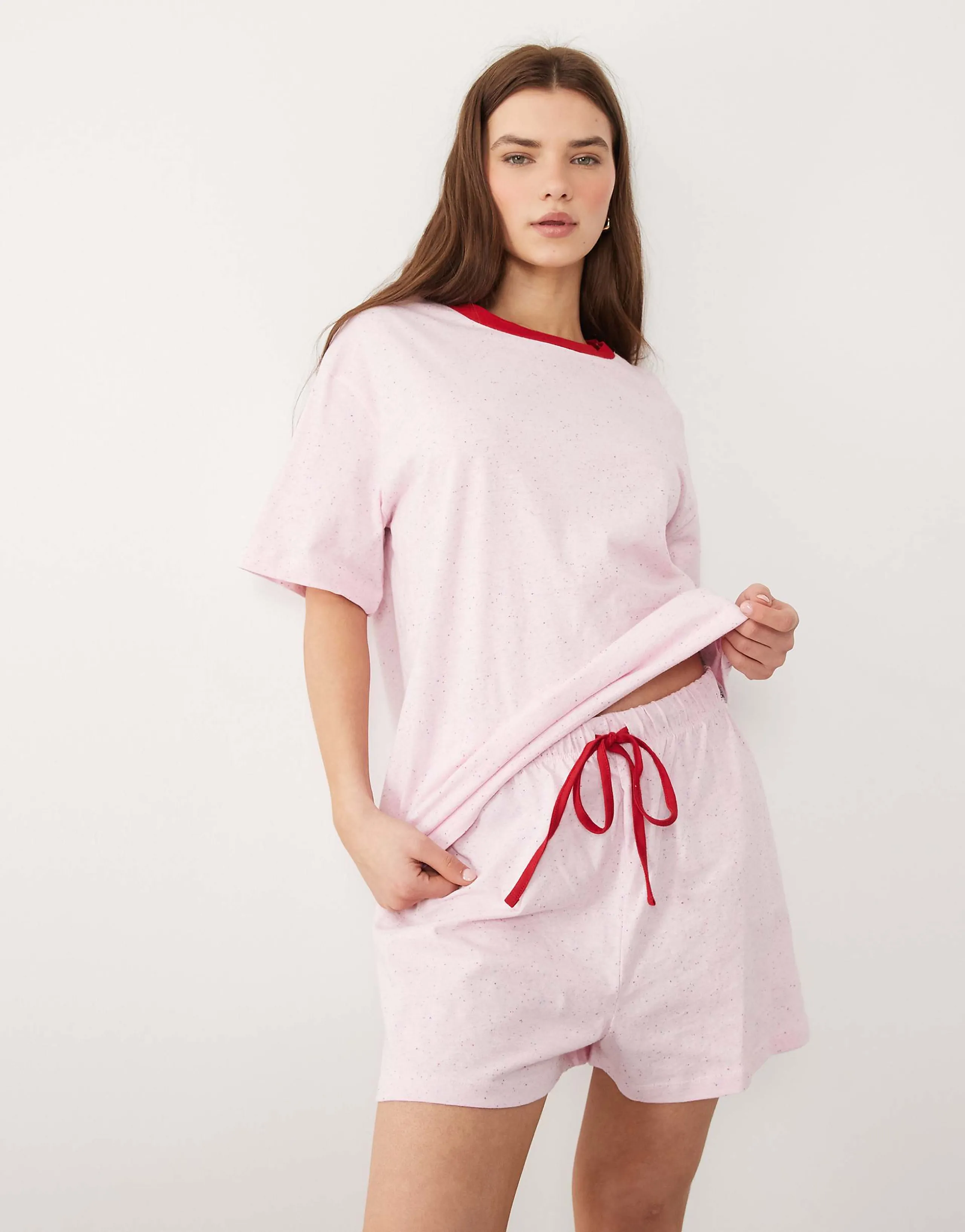 ASOS DESIGN Essentials oversized short sleeve tee and shorts pajama set with contrast neck binding in pink neppy