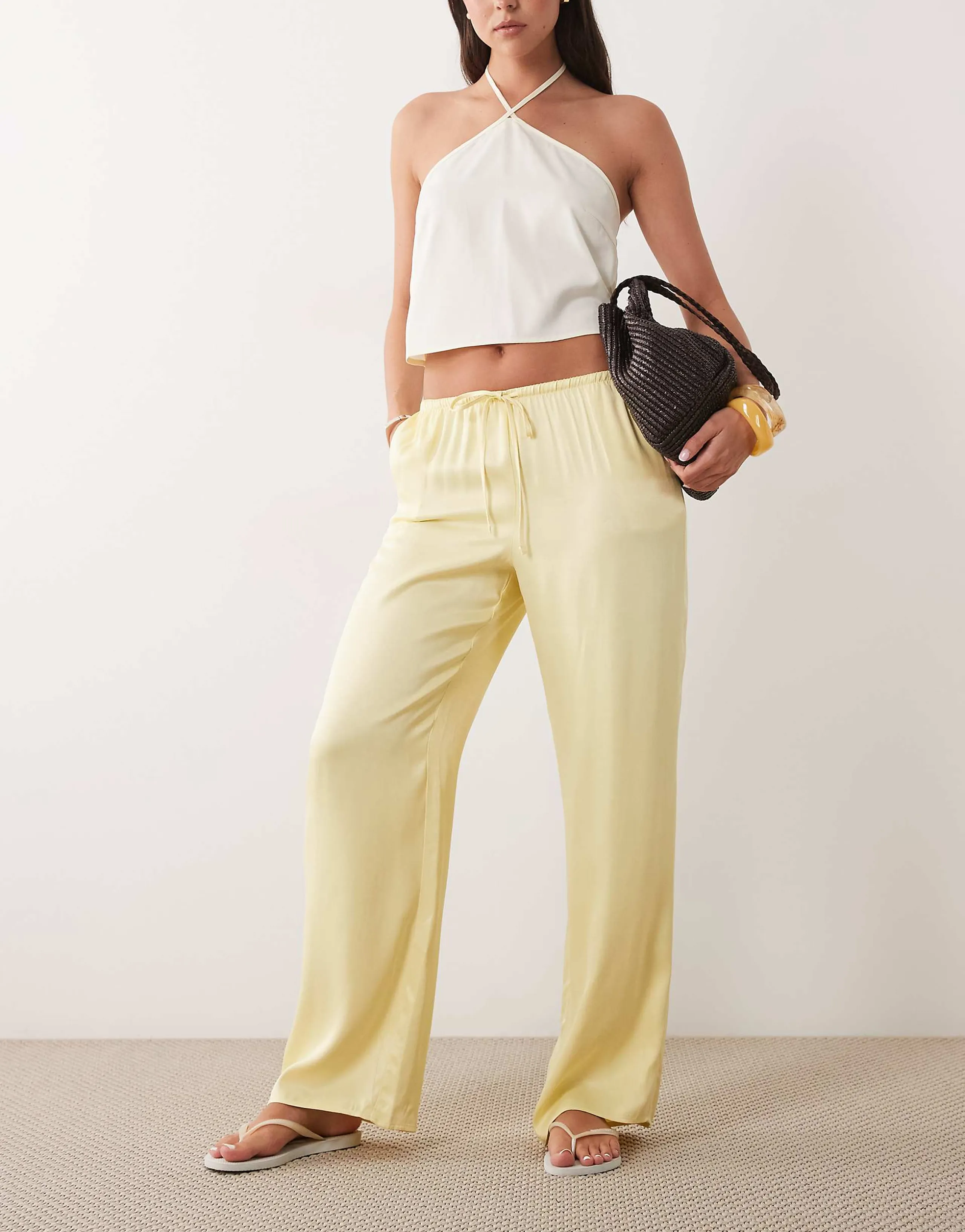 ASOS DESIGN satin wide leg pull on pants in buttermilk
