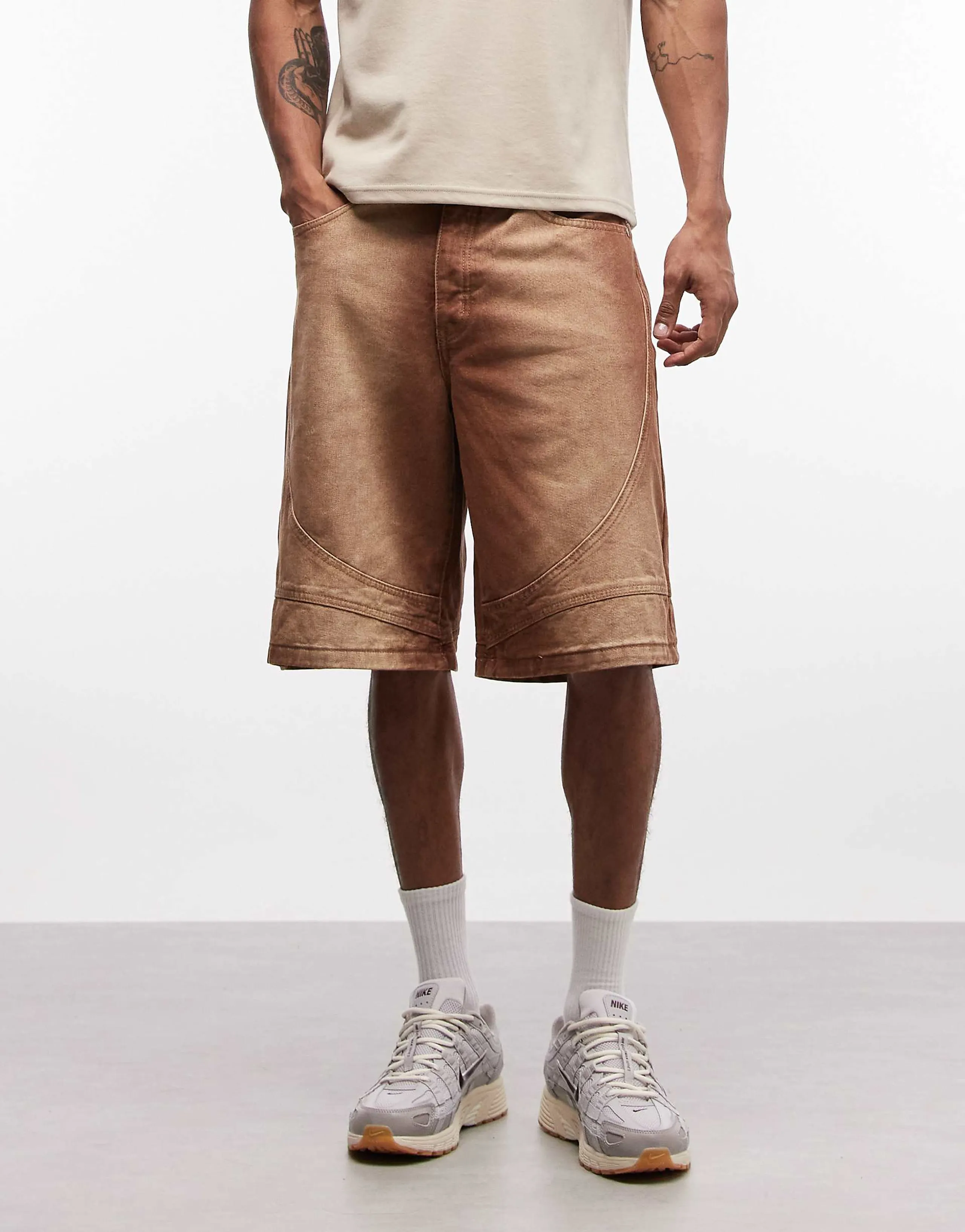 Liquor N Poker denim seam detailing jorts in washed brown
