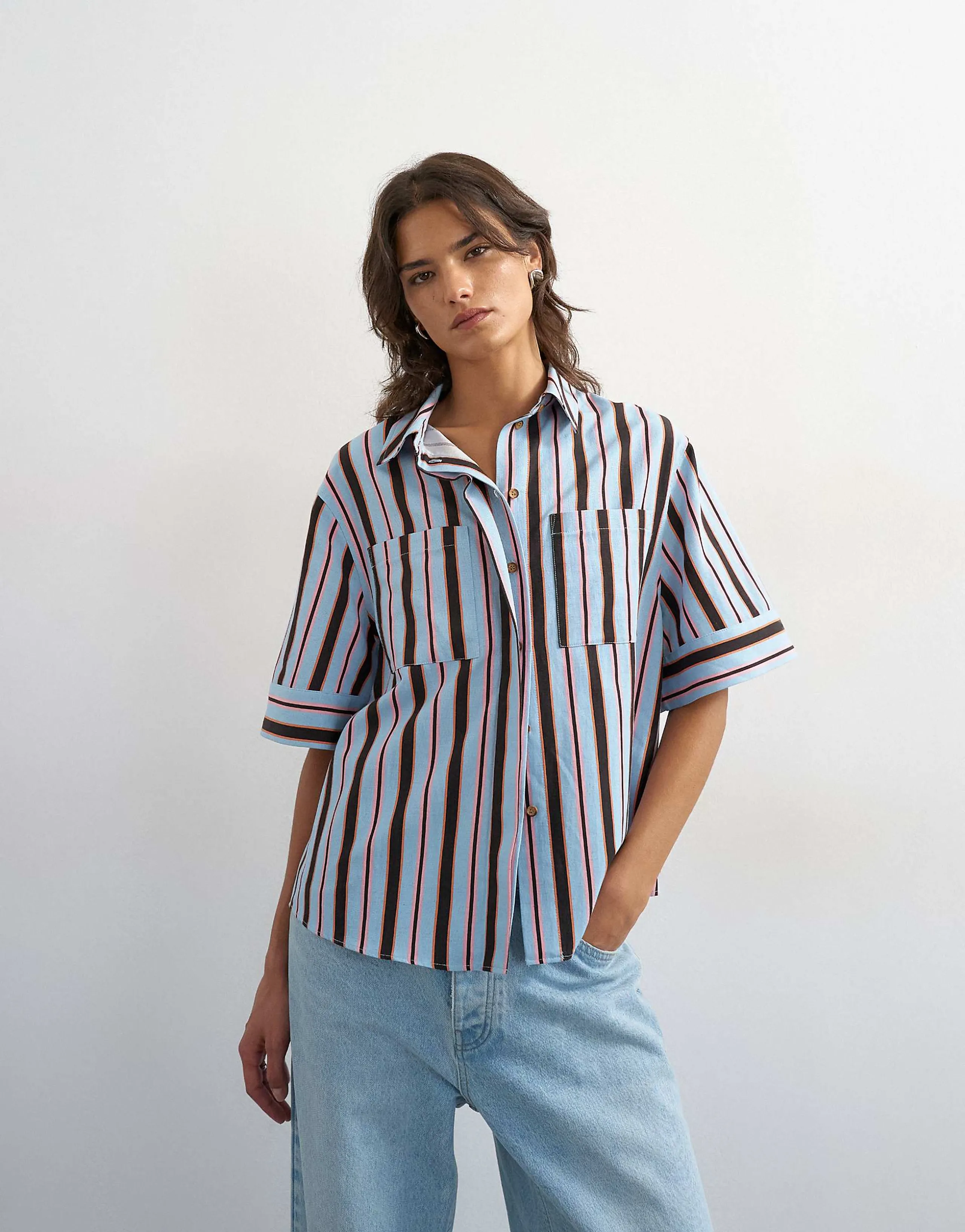 Topshop camp collar boxy shirt in blue striped print