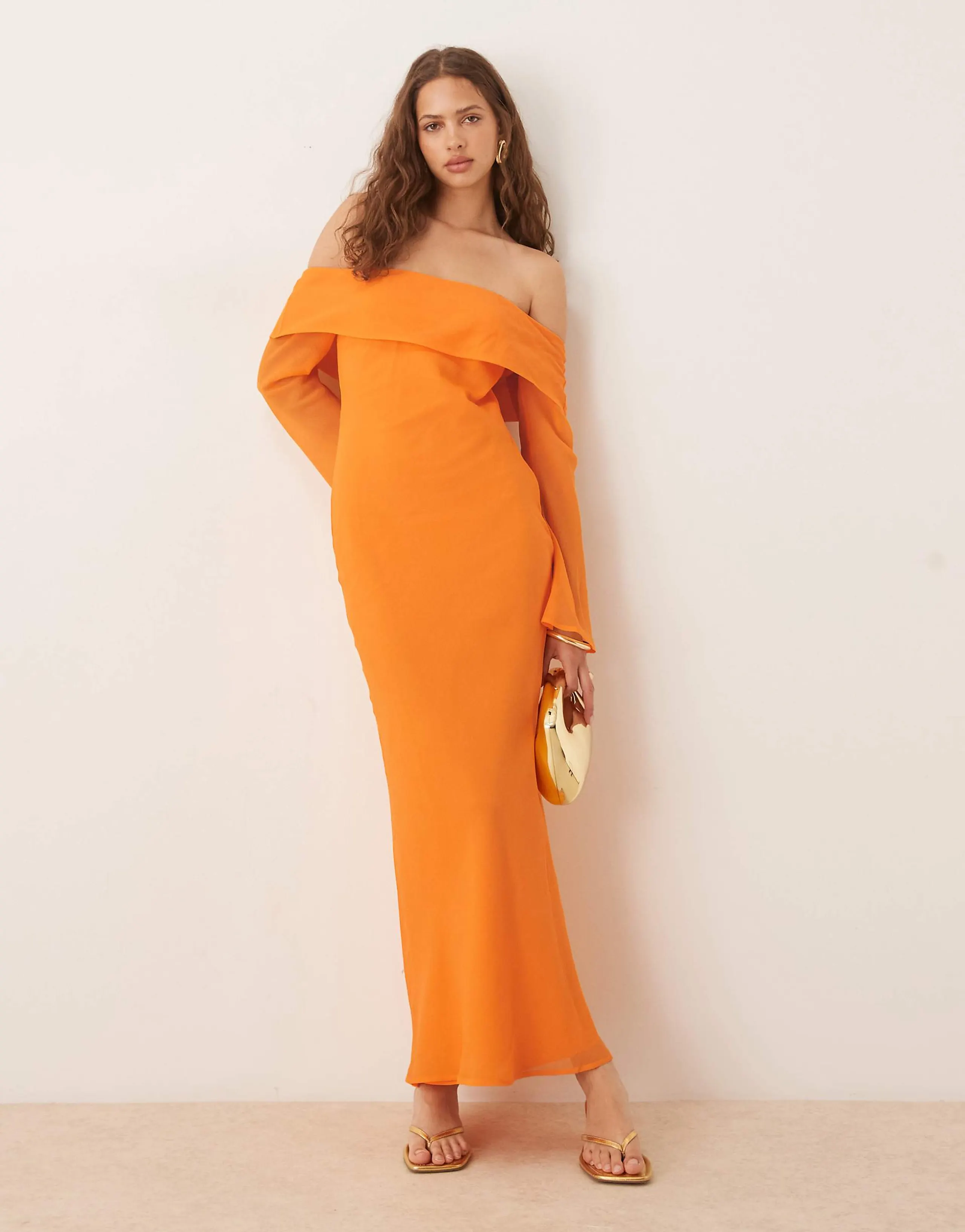 ASOS DESIGN fold over off the shoulder midi dress in orange
