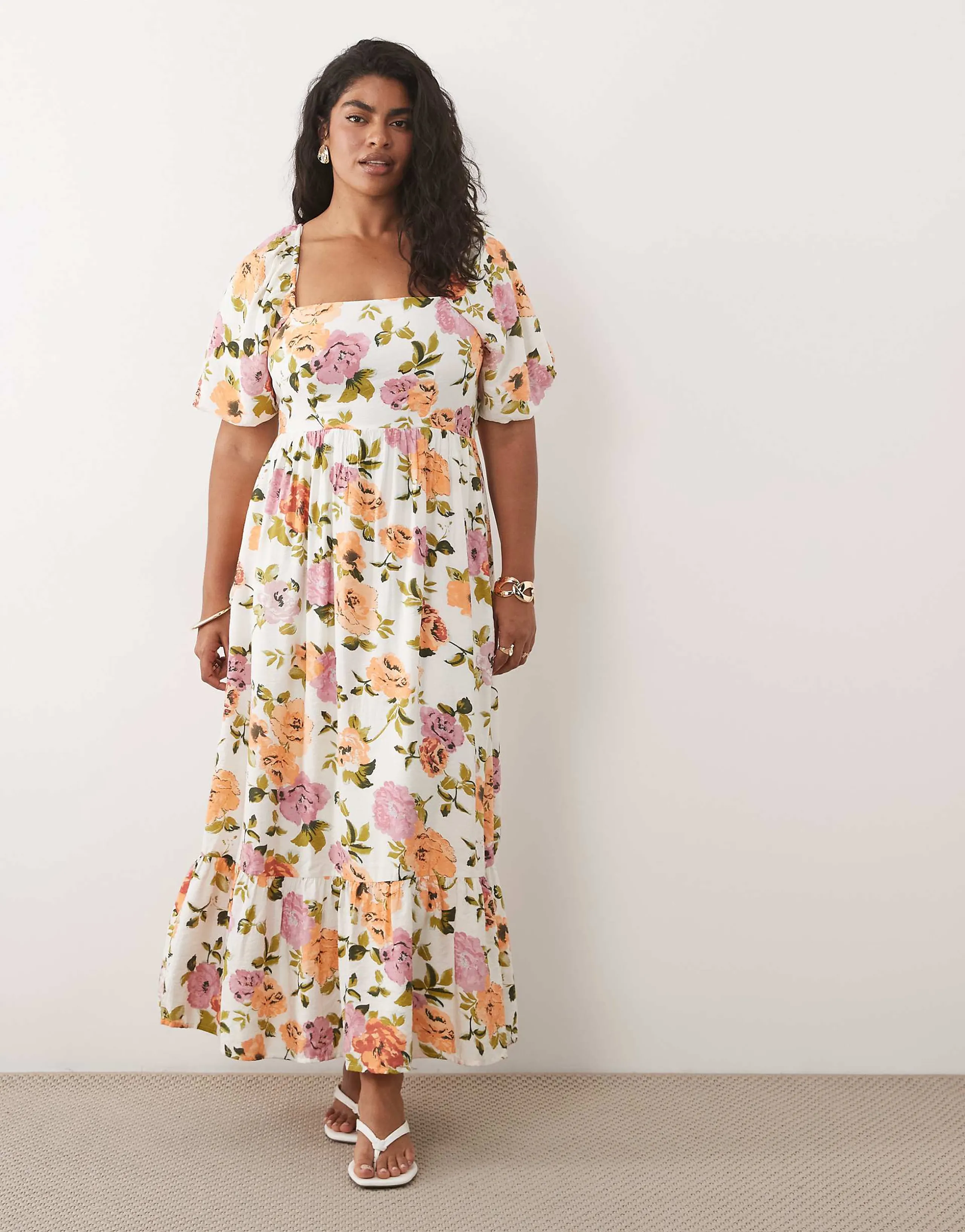 Vila Curve square neck puff sleeve midi dress in floral print