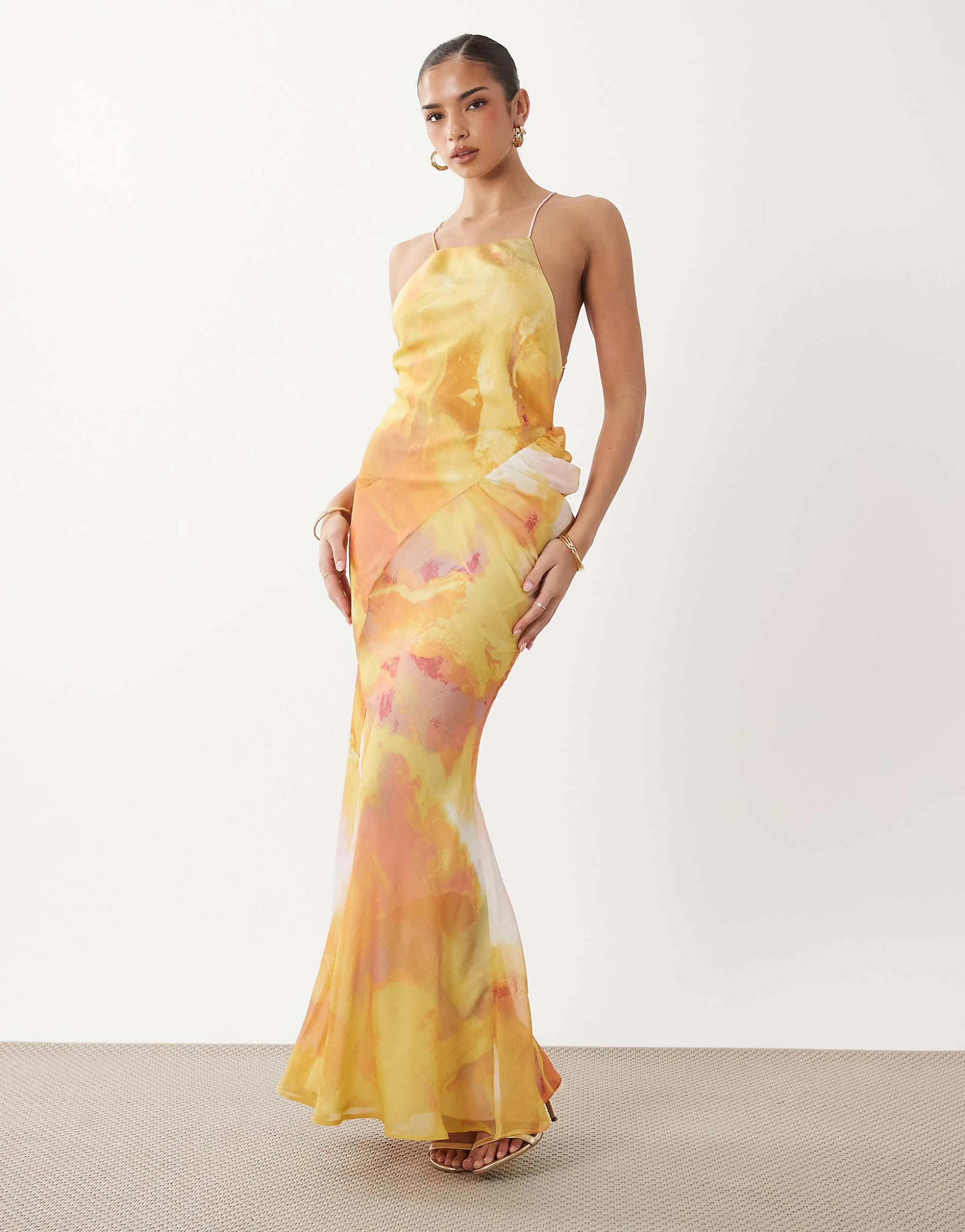 ASOS DESIGN square neck satin-chiffon mix maxi dress in yellow abstract