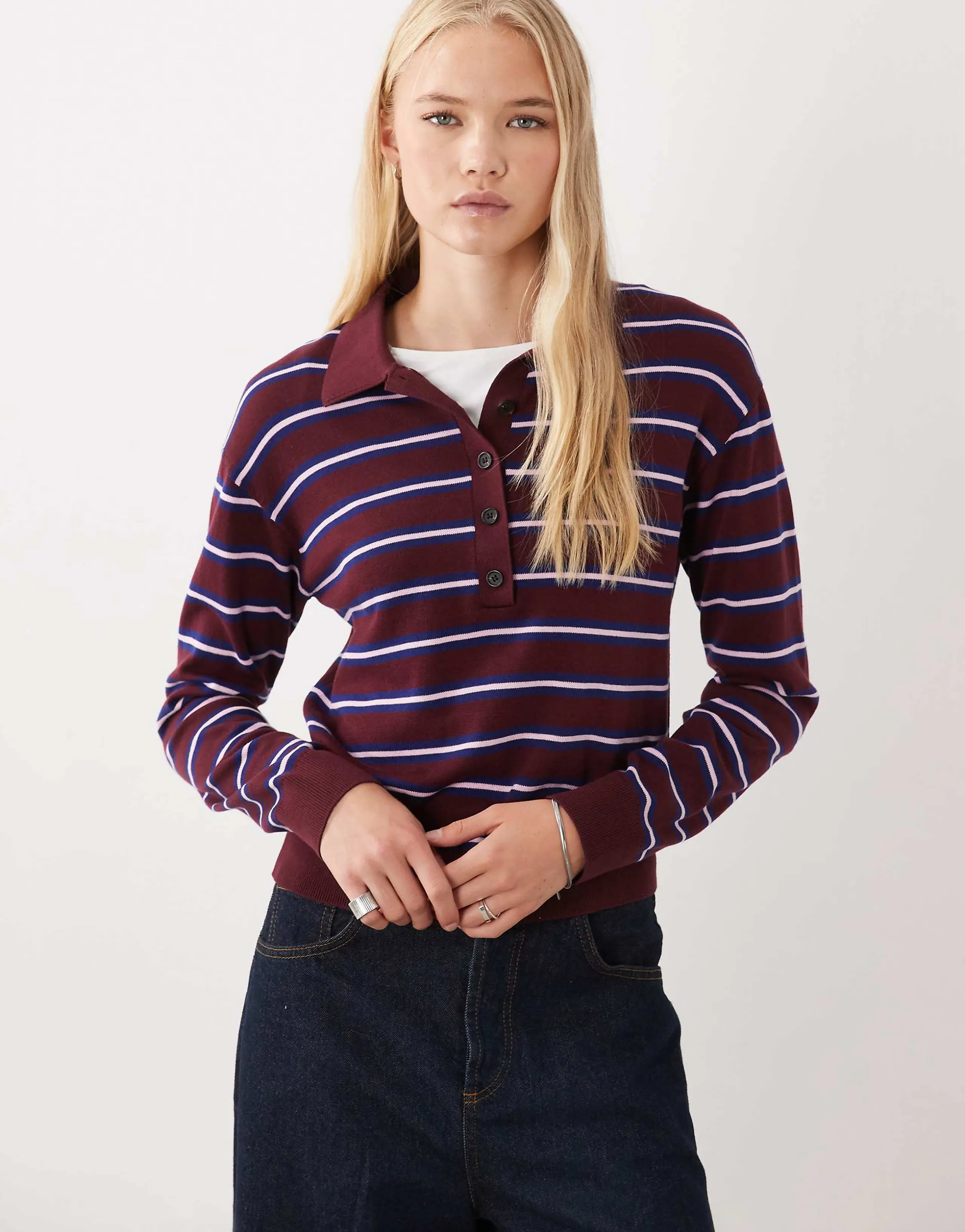 ARKET merino wool polo sweater in burgundy stripe