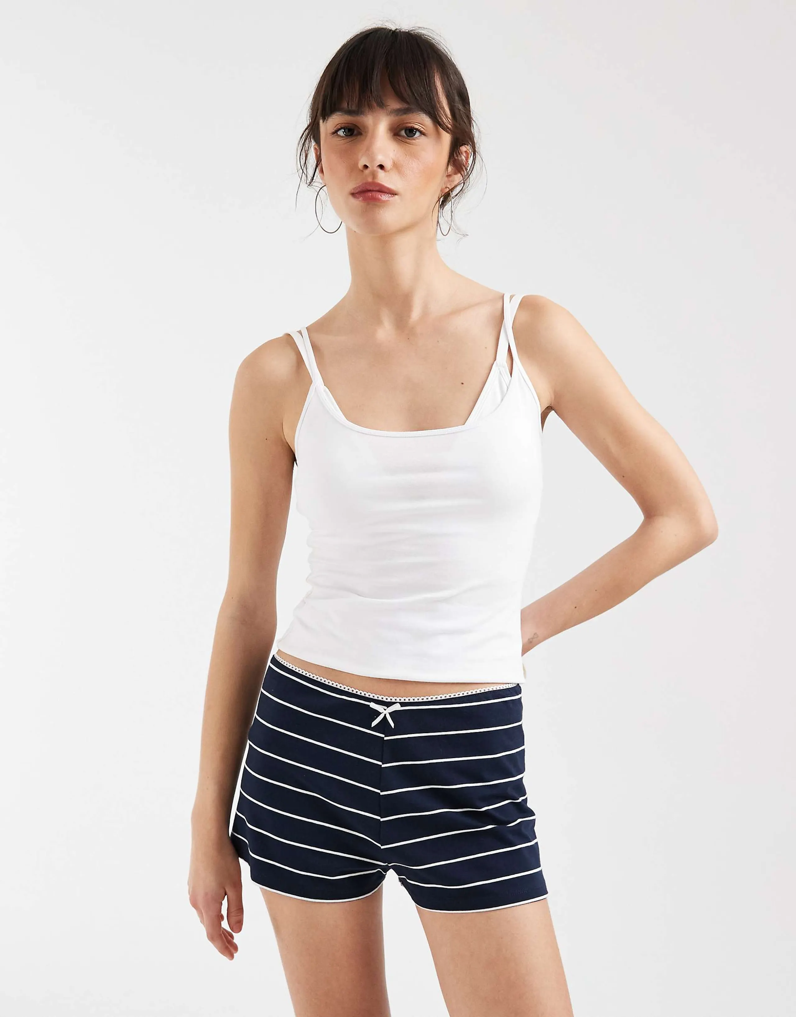 The Frolic exclusive cotton rich lace trim bow detail micro shorts in navy stripes