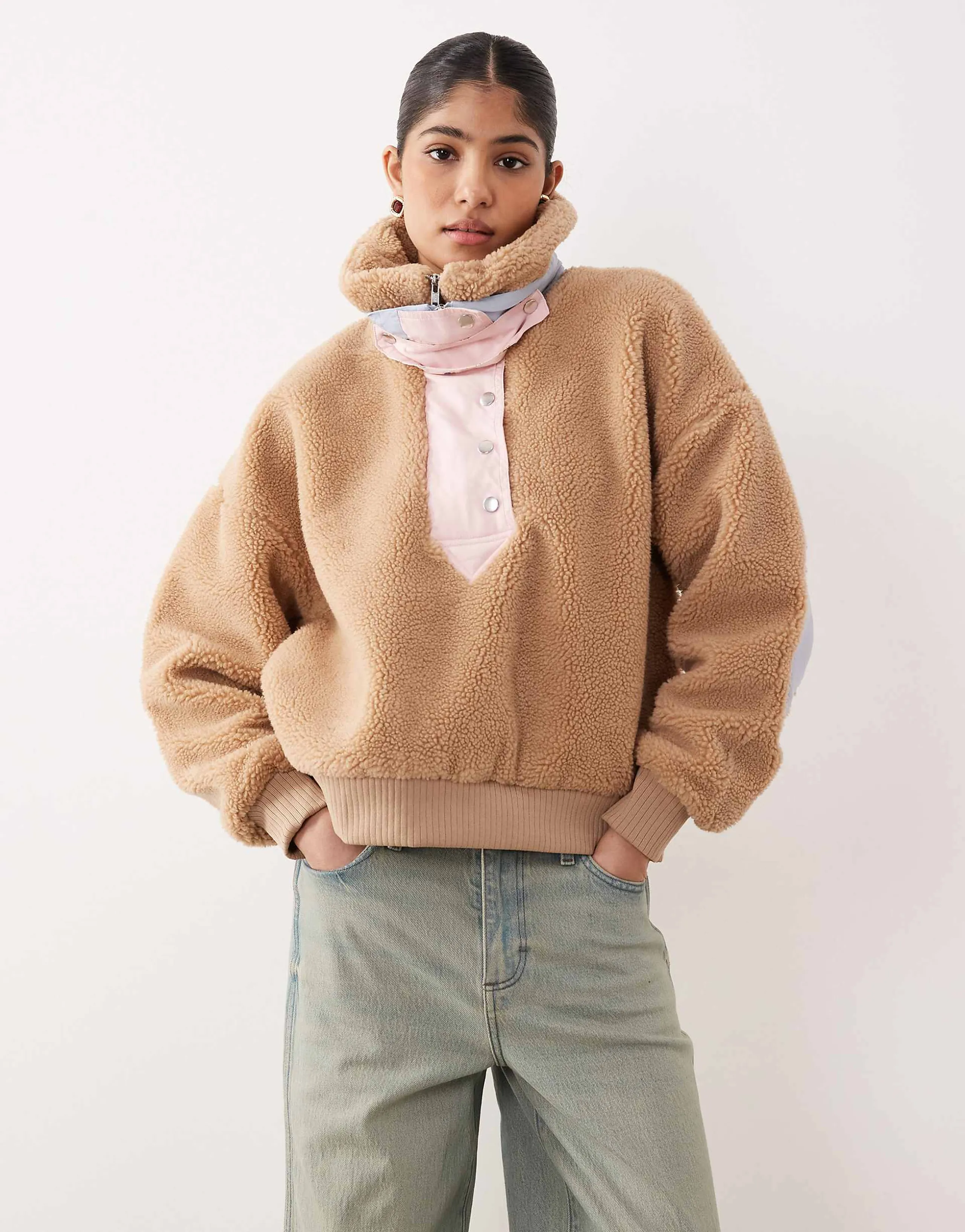 For Love & Lemons Caitlyn borg contrast elbow patch pullover sweater in camel