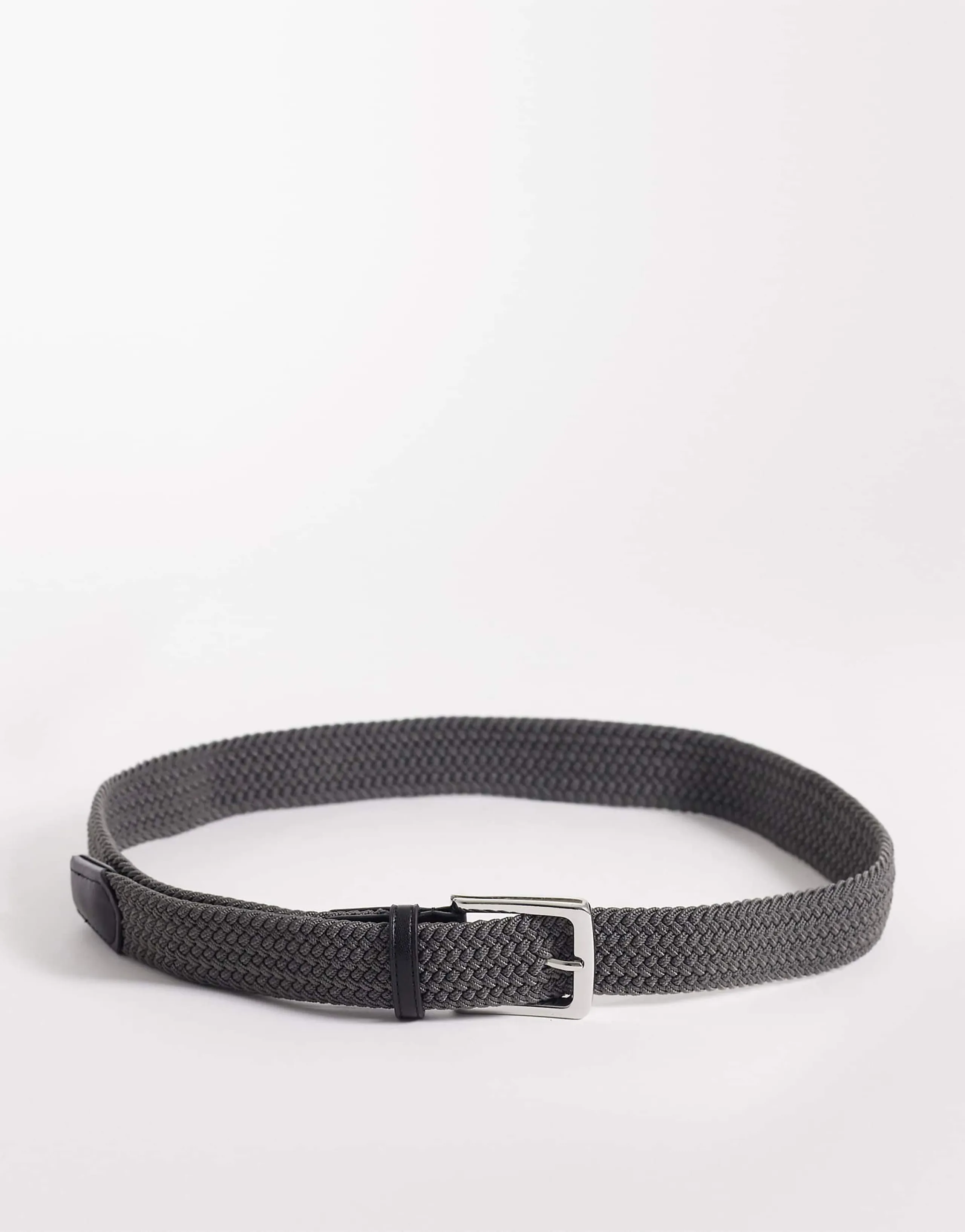 ASOS DESIGN woven belt with faux leather tip in dark gray