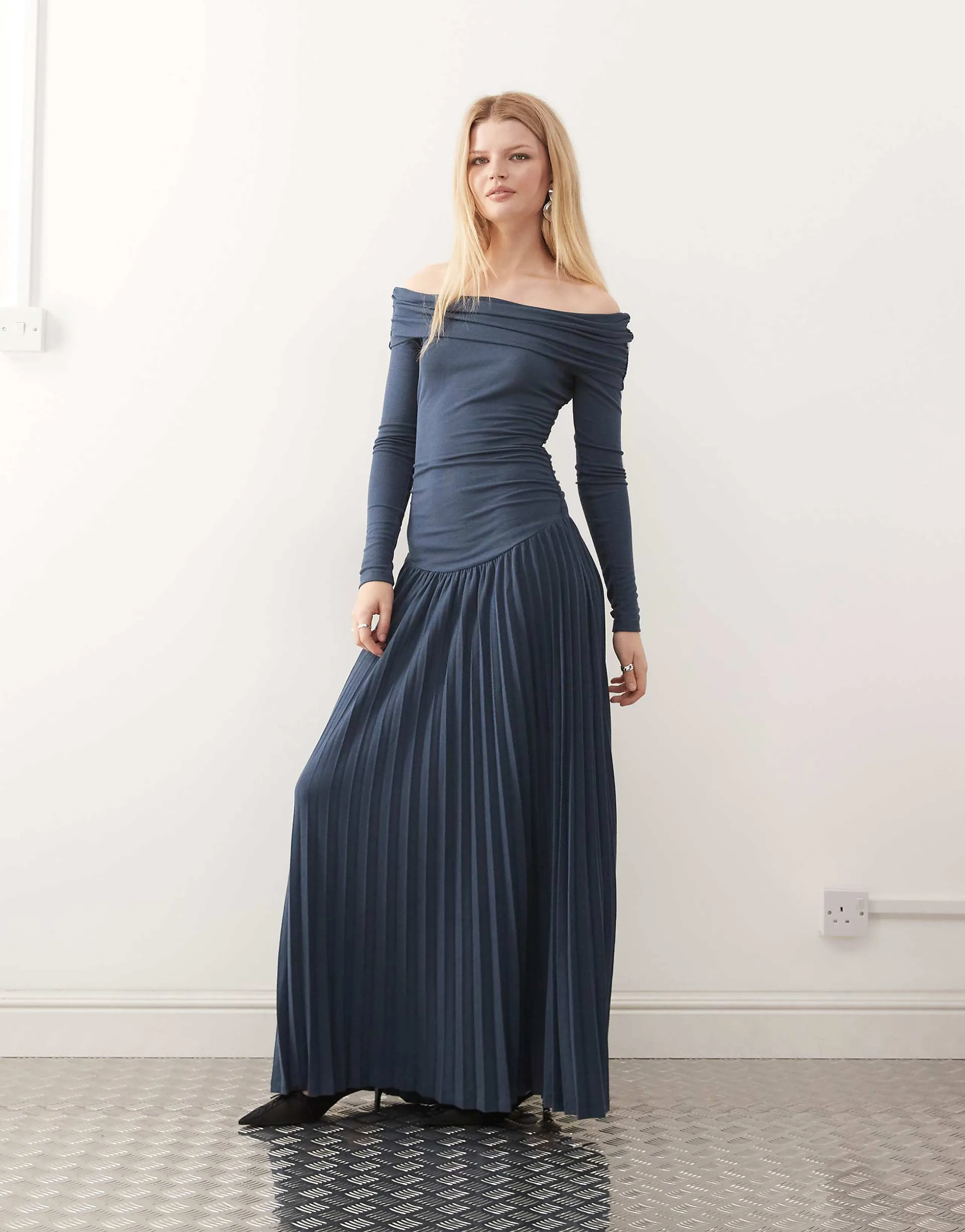 Lioness Field of Dreams long sleeve foldover bardot ruched drop waist pleated maxi dress in navy
