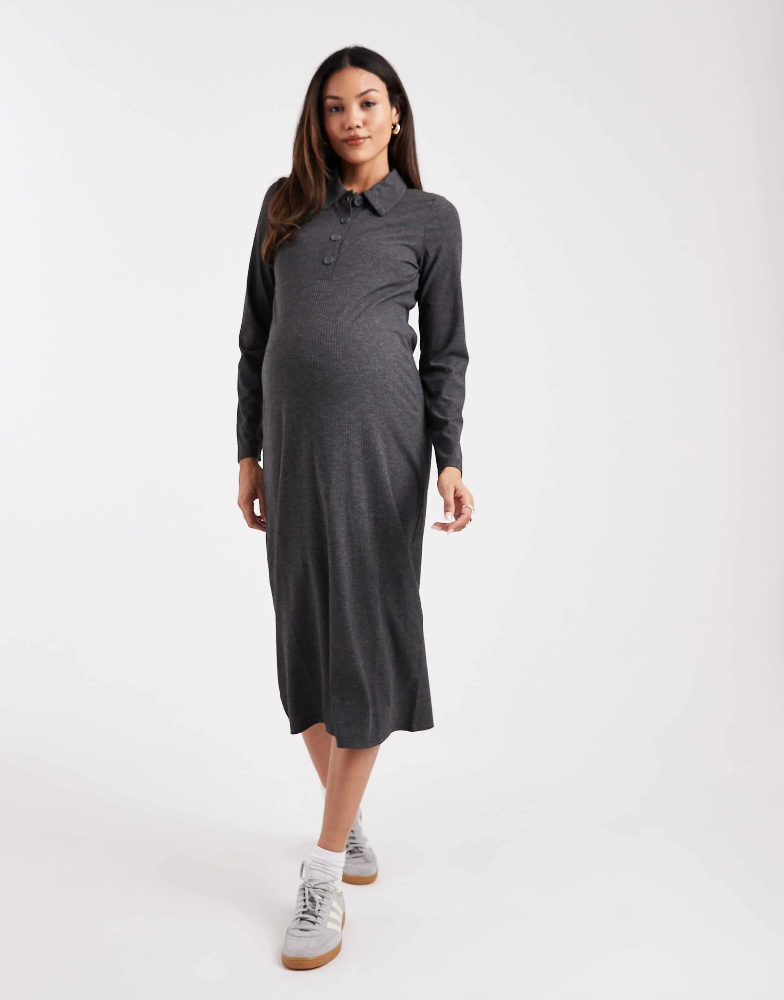 Mamalicious Maternity jersey rib knit nursing friendly polo detail midi dress in heather gray